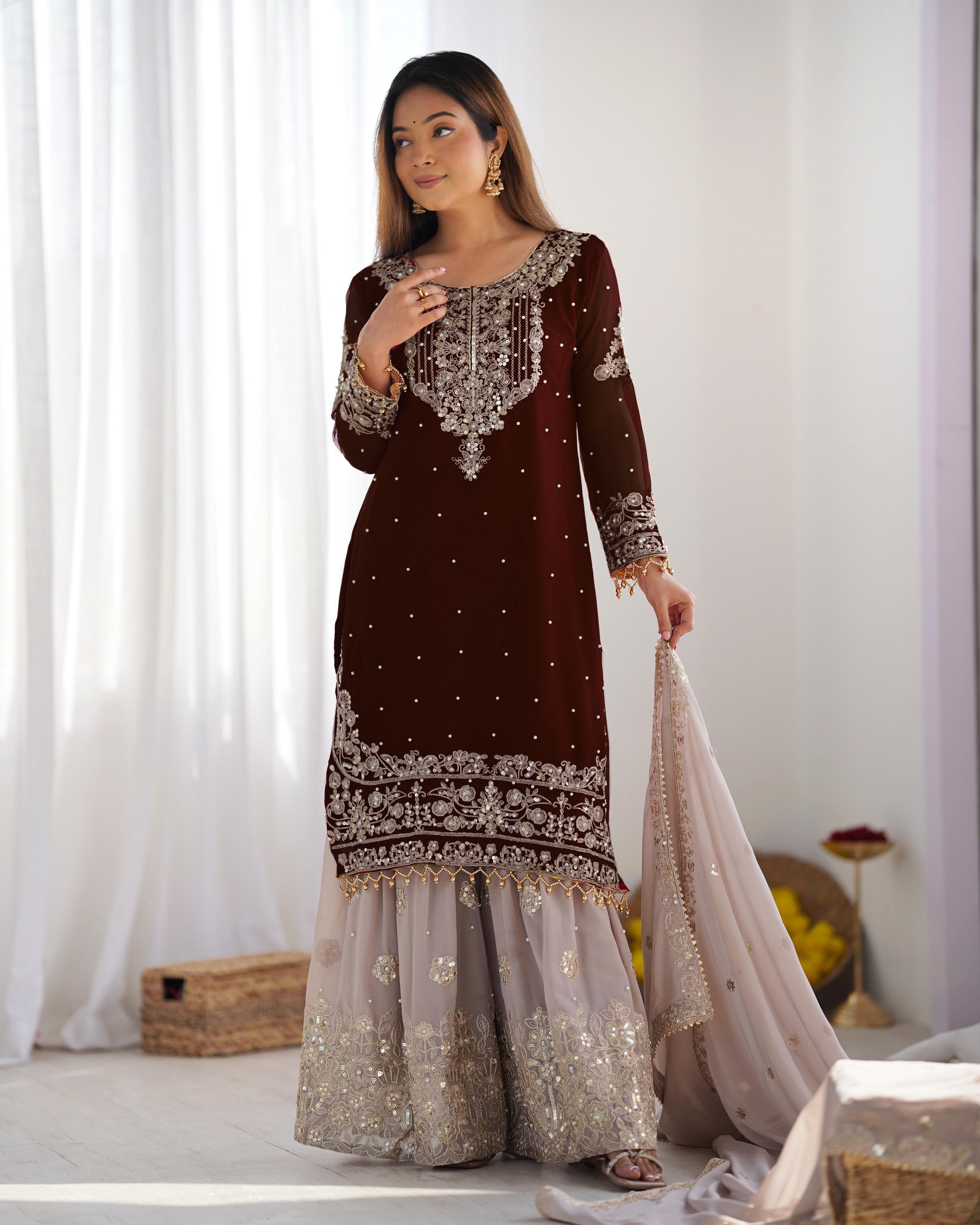 Teeya Creation Coffee Color Faux Georgette Heavy Embroidery Work Pakistani Fully Stitched Salwar Suit - Distacart