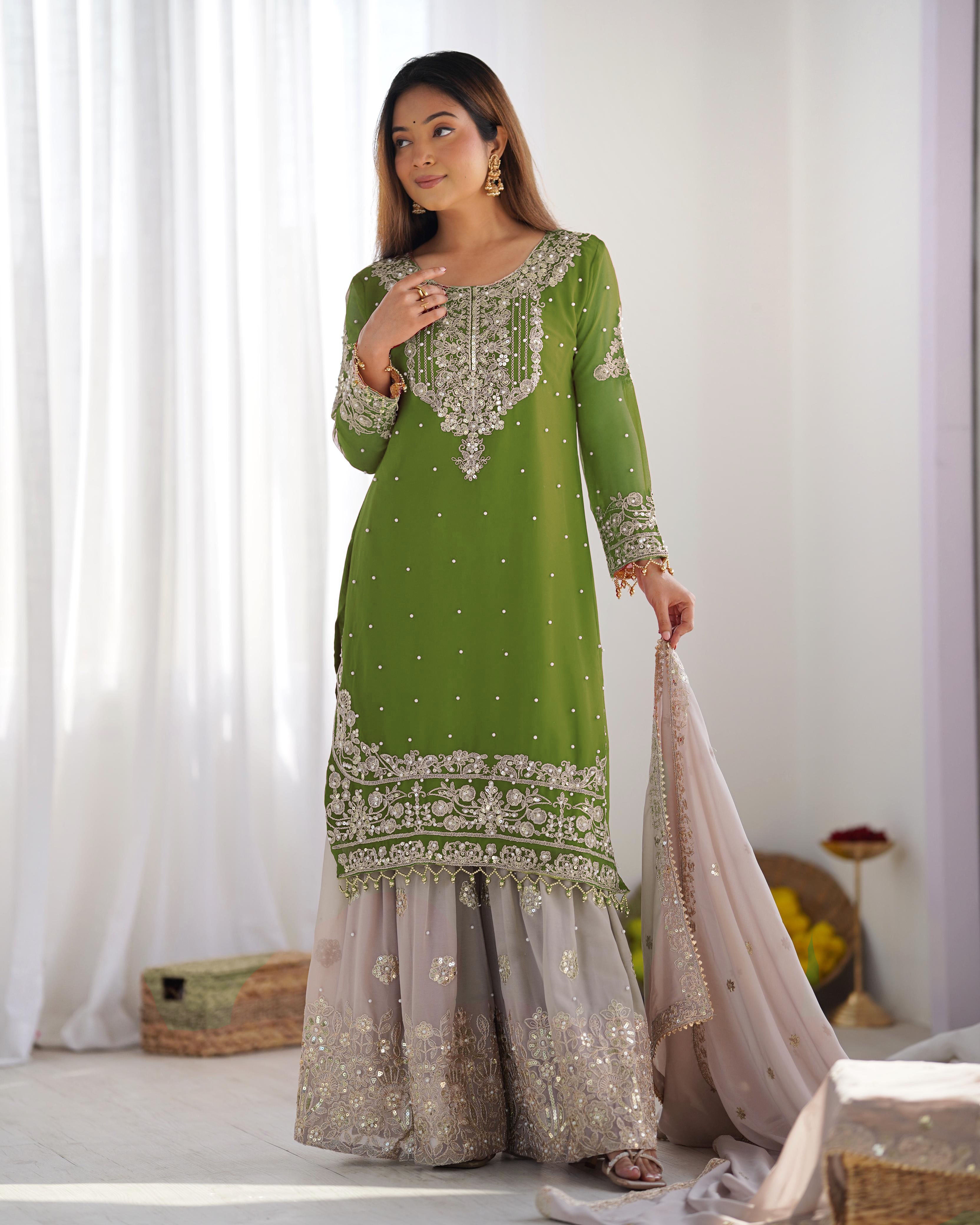 Teeya Creation Parrot Green Color Faux Georgette Heavy Embroidery Work Pakistani Fully Stitched Salwar Suit - Distacart