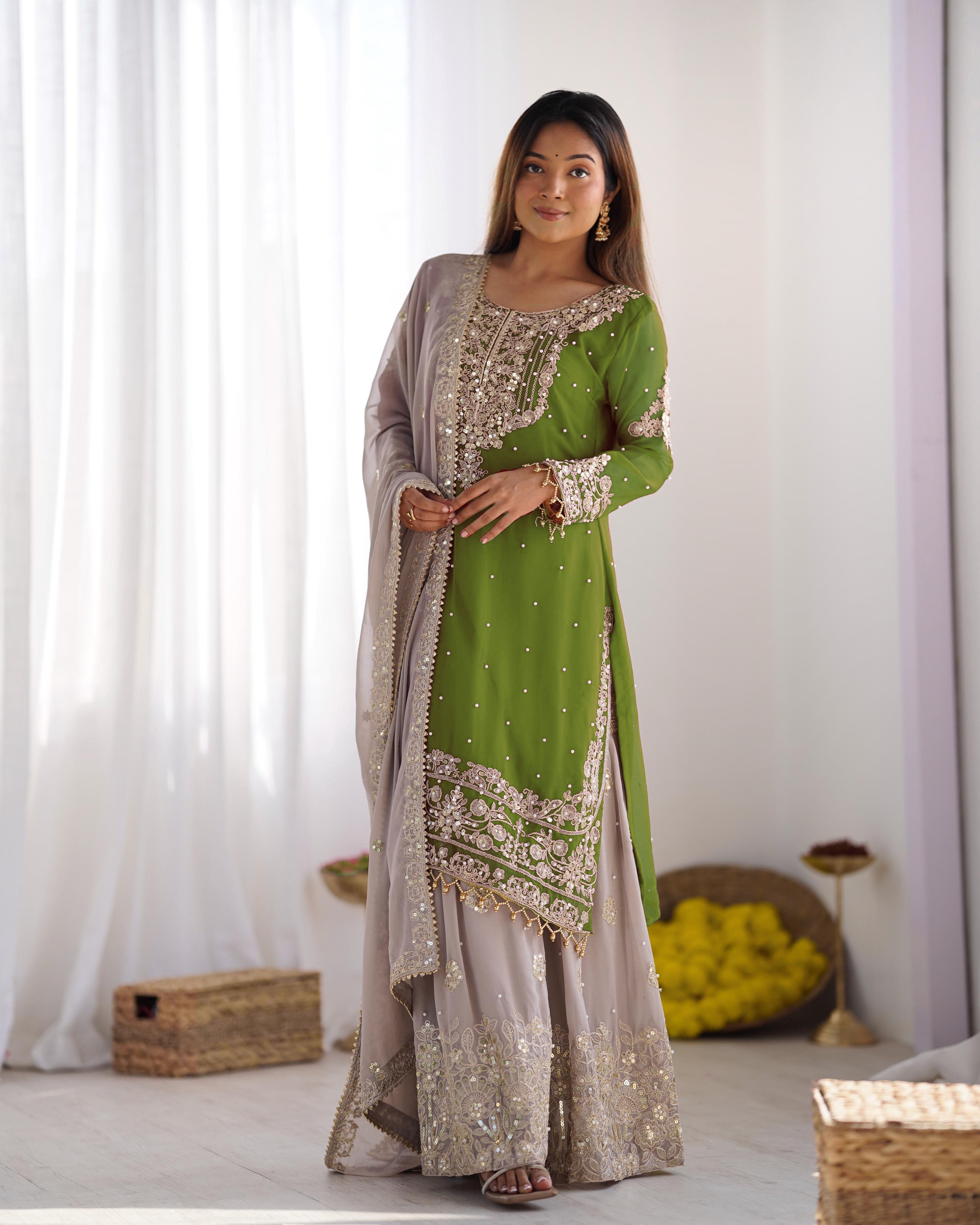 Teeya Creation Parrot Green Color Faux Georgette Heavy Embroidery Work Pakistani Fully Stitched Salwar Suit - Distacart