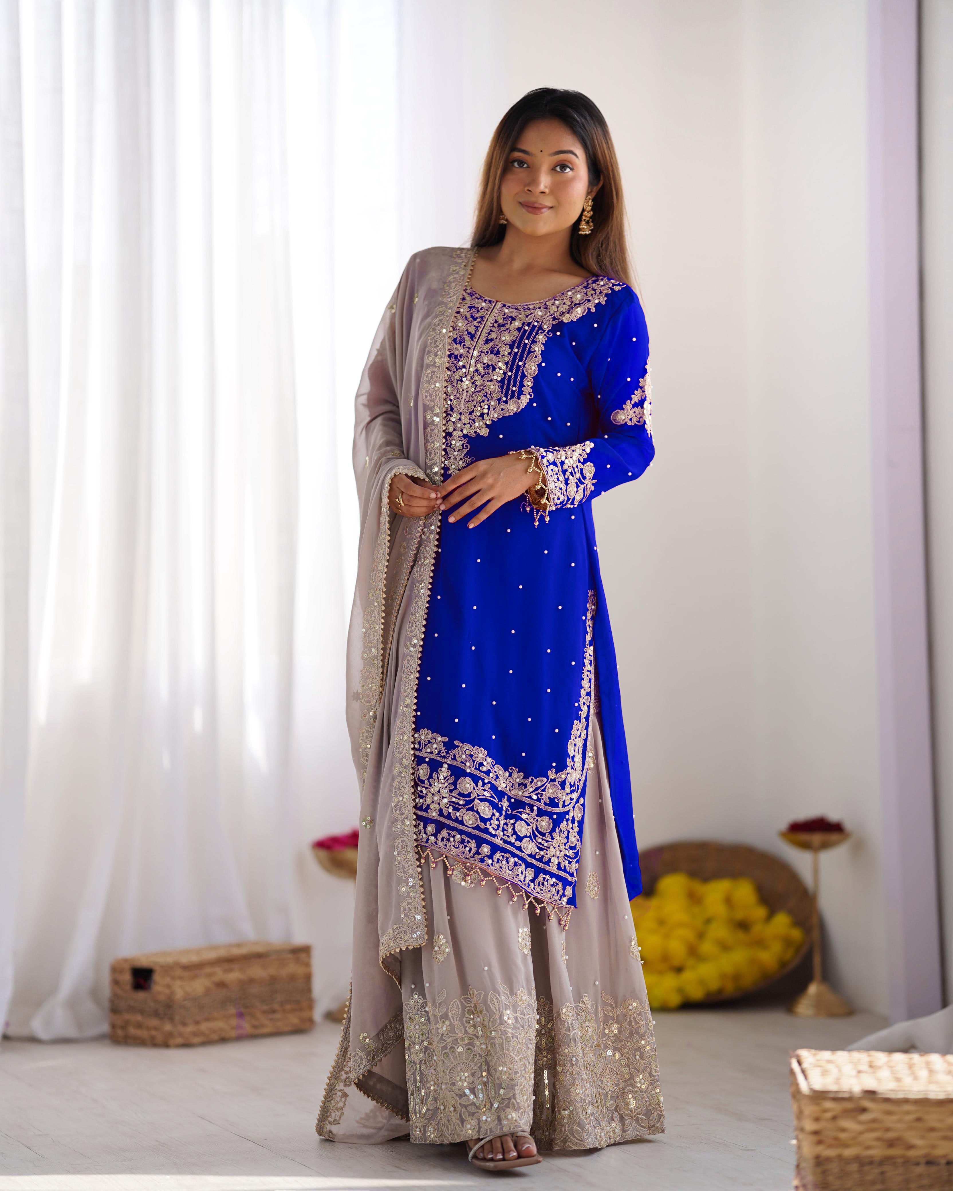 Teeya Creation Royal Blue Color Faux Georgette Heavy Embroidery Work Pakistani Fully Stitched Salwar Suit - Distacart