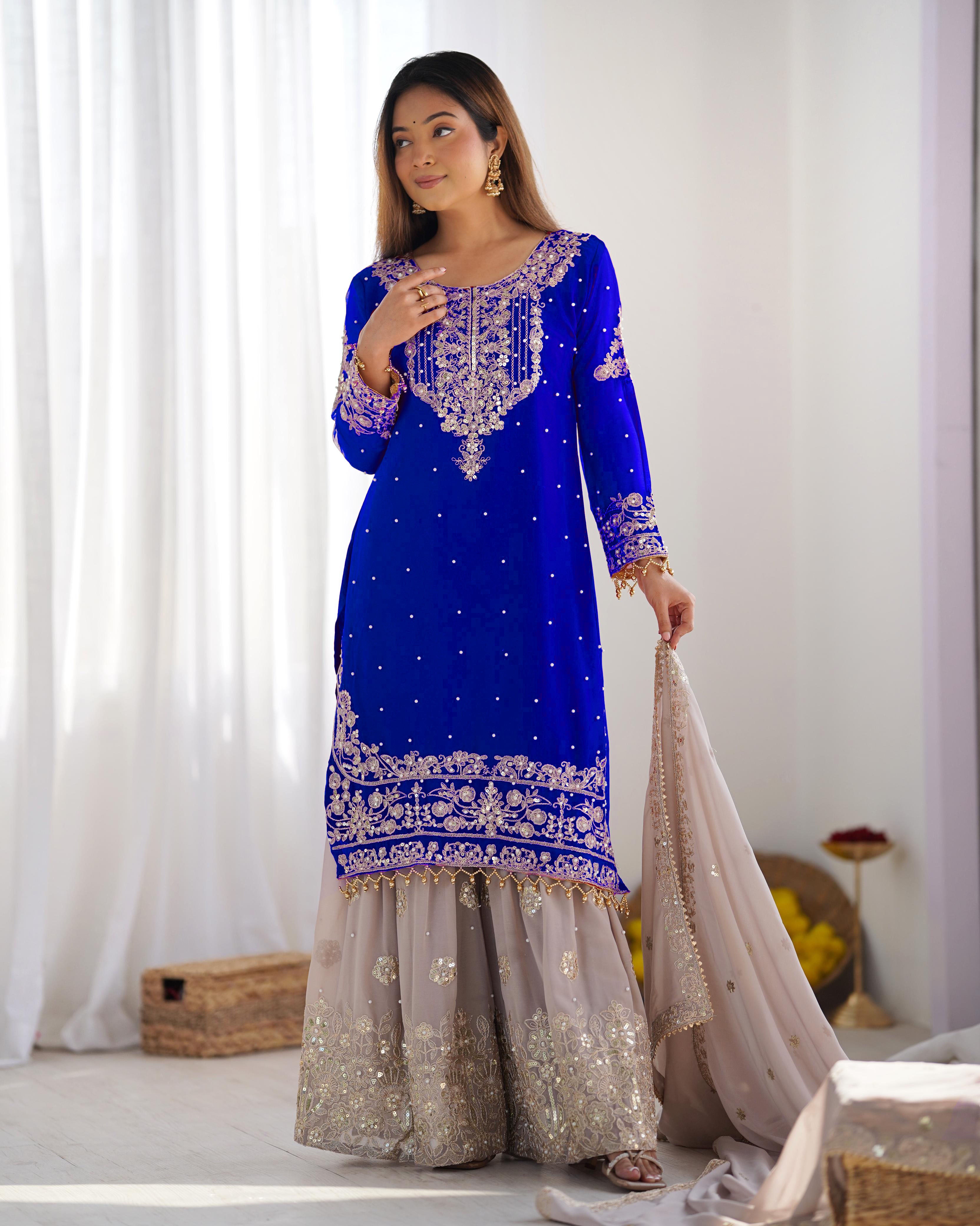 Teeya Creation Royal Blue Color Faux Georgette Heavy Embroidery Work Pakistani Fully Stitched Salwar Suit - Distacart