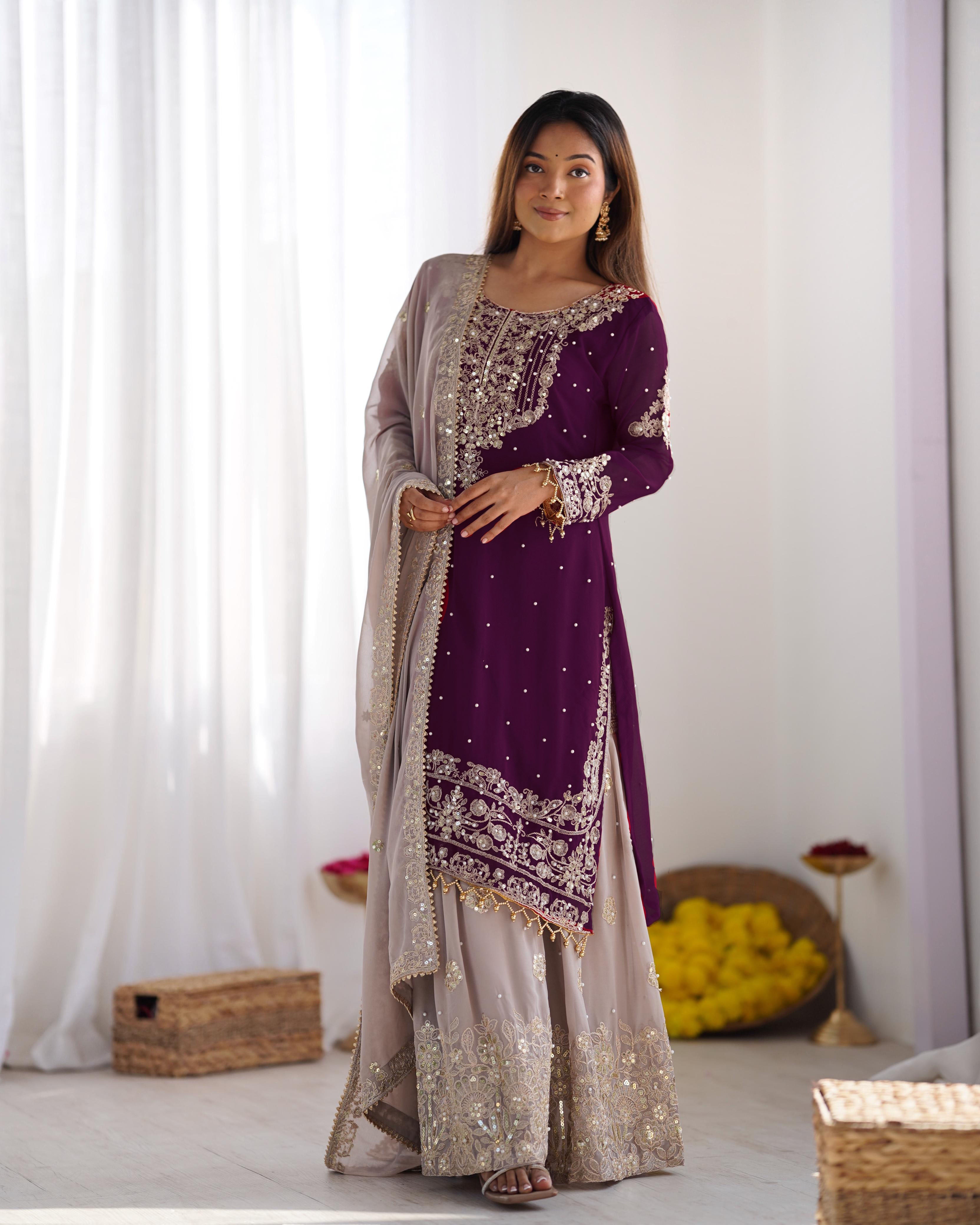 Teeya Creation Wine Color Faux Georgette Heavy Embroidery Work Pakistani Fully Stitched Salwar Suit - Distacart