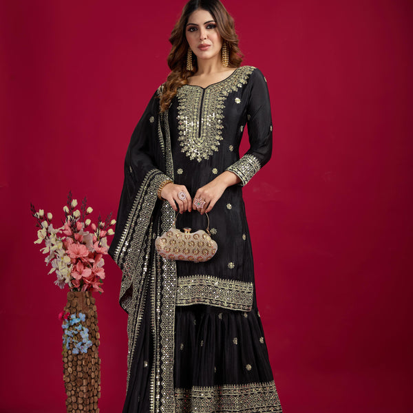 Teeya Creation Black Color Chinnon Silk Heavy Embroidery Work Fully Stitched Sharara Suit - Distacart