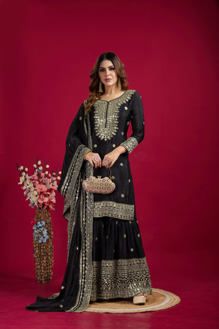 Teeya Creation Black Color Chinnon Silk Heavy Embroidery Work Fully Stitched Sharara Suit - Distacart
