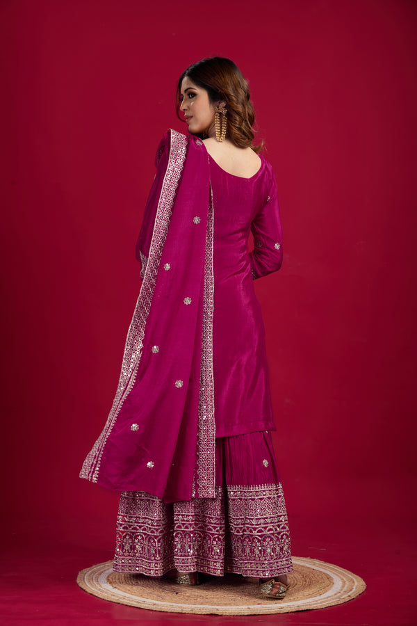 Teeya Creation Rani Color Chinnon Silk Heavy Embroidery Work Fully Stitched Sharara Suit - Distacart
