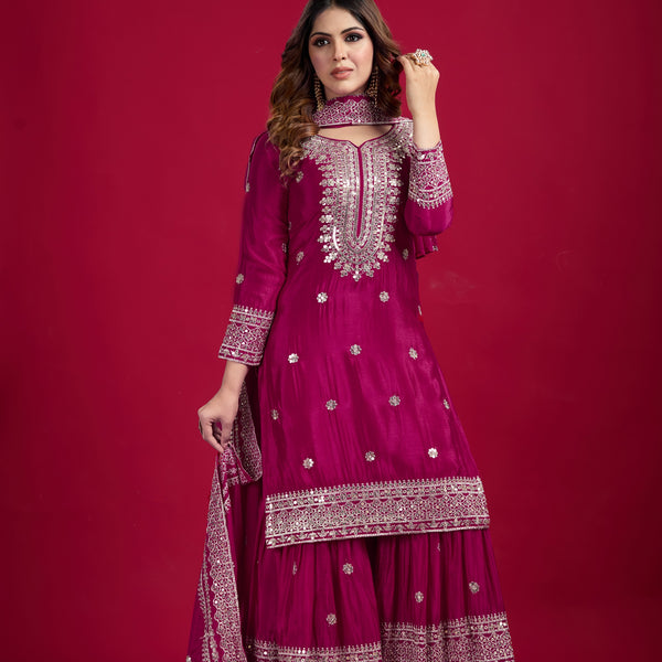 Teeya Creation Rani Color Chinnon Silk Heavy Embroidery Work Fully Stitched Sharara Suit - Distacart