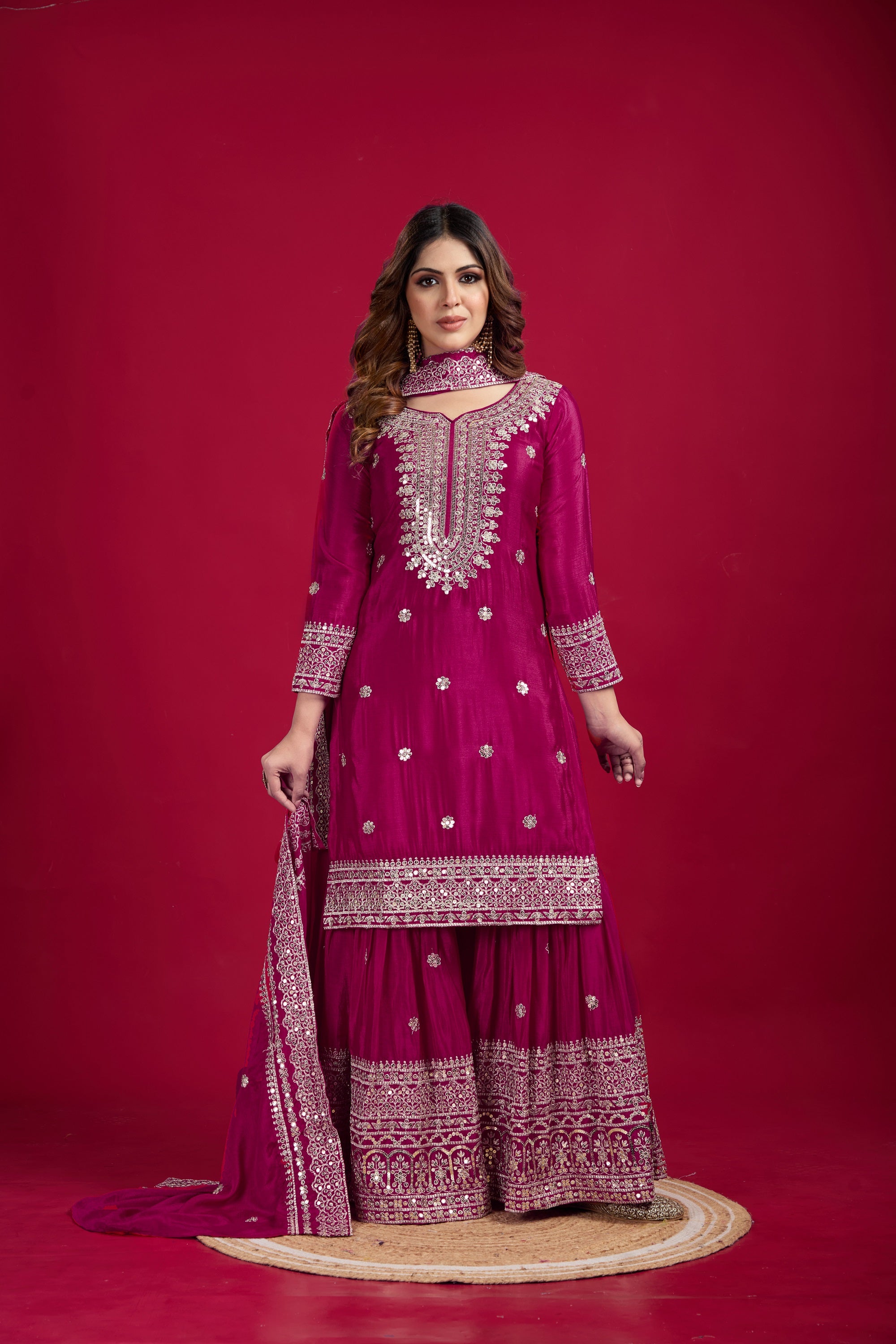Teeya Creation Rani Color Chinnon Silk Heavy Embroidery Work Fully Stitched Sharara Suit - Distacart