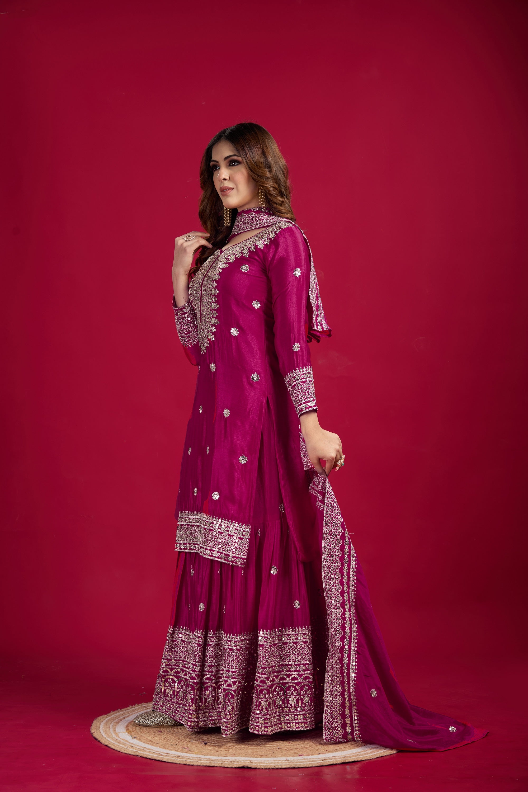 Teeya Creation Rani Color Chinnon Silk Heavy Embroidery Work Fully Stitched Sharara Suit - Distacart