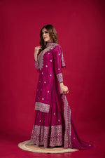Thumbnail for Teeya Creation Rani Color Chinnon Silk Heavy Embroidery Work Fully Stitched Sharara Suit - Distacart