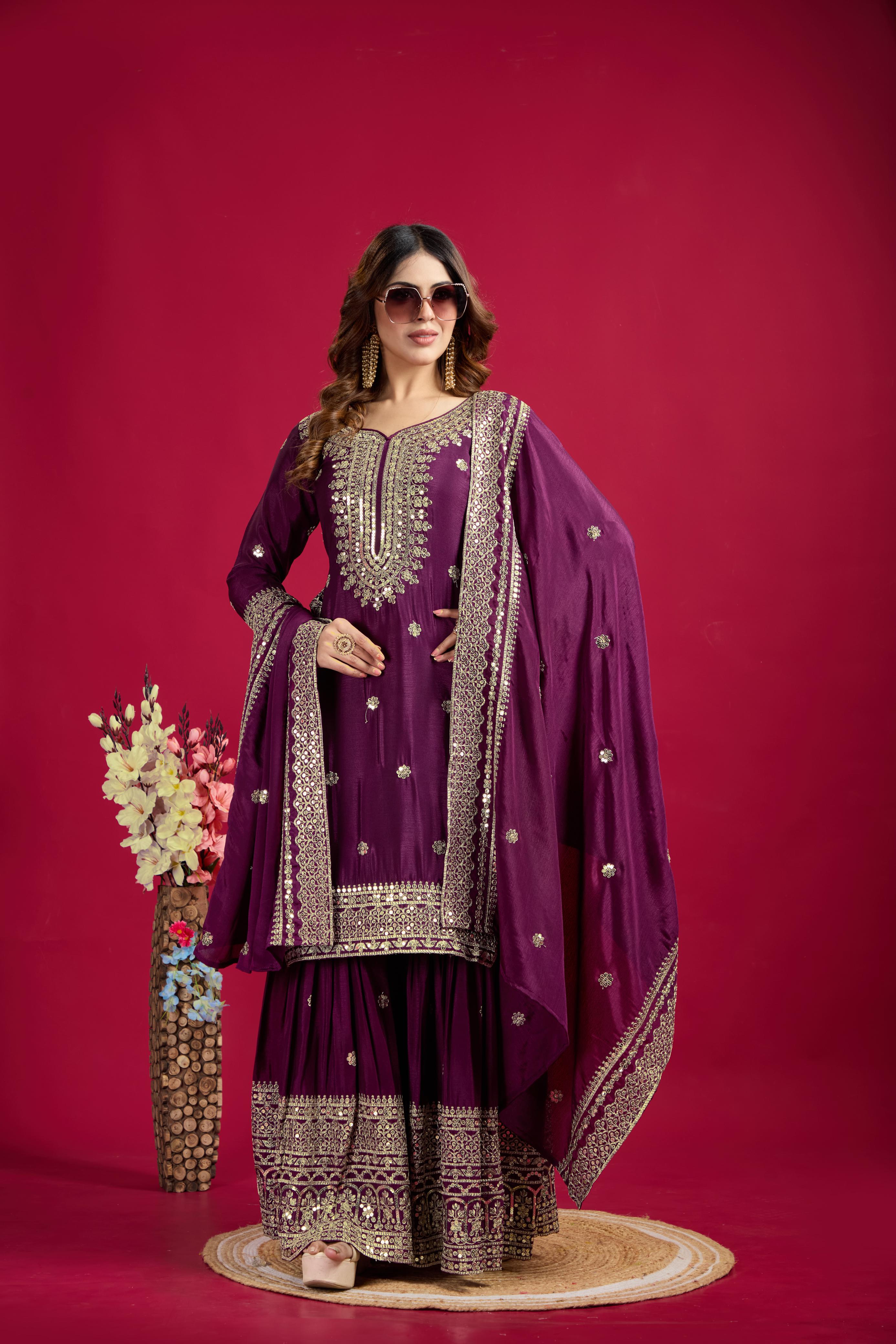 Teeya Creation Violet Color Chinnon Silk Heavy Embroidery Work Fully Stitched Sharara Suit - Distacart