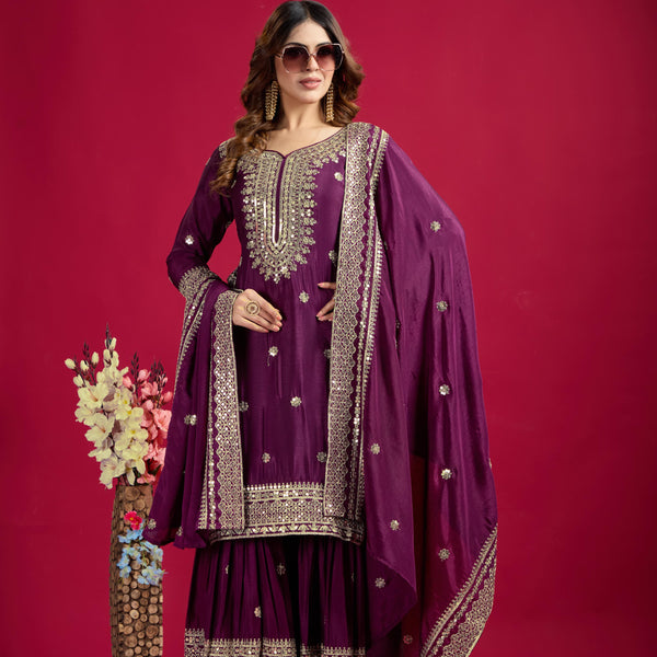 Teeya Creation Violet Color Chinnon Silk Heavy Embroidery Work Fully Stitched Sharara Suit - Distacart