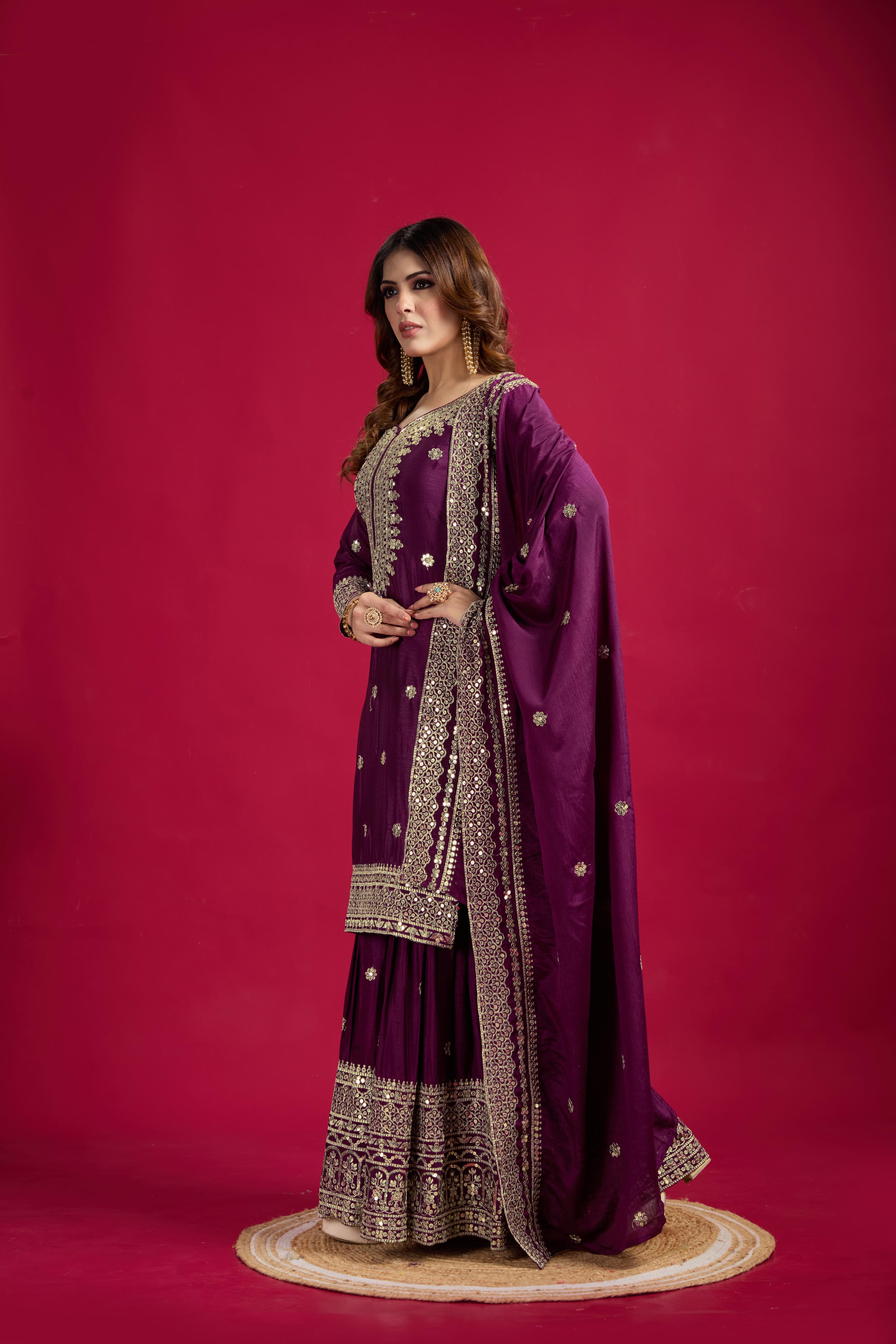 Teeya Creation Violet Color Chinnon Silk Heavy Embroidery Work Fully Stitched Sharara Suit - Distacart