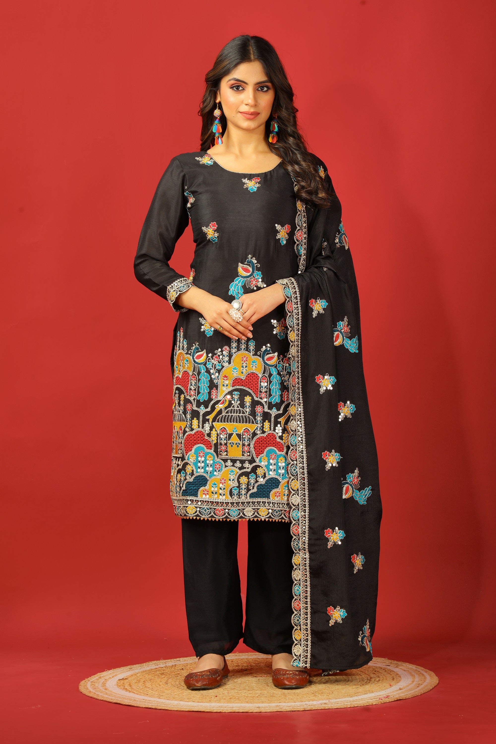 Teeya Creation Black Color Chinnon Silk Heavy Embroidery Work Fully Stitched Salwar Suit - Distacart