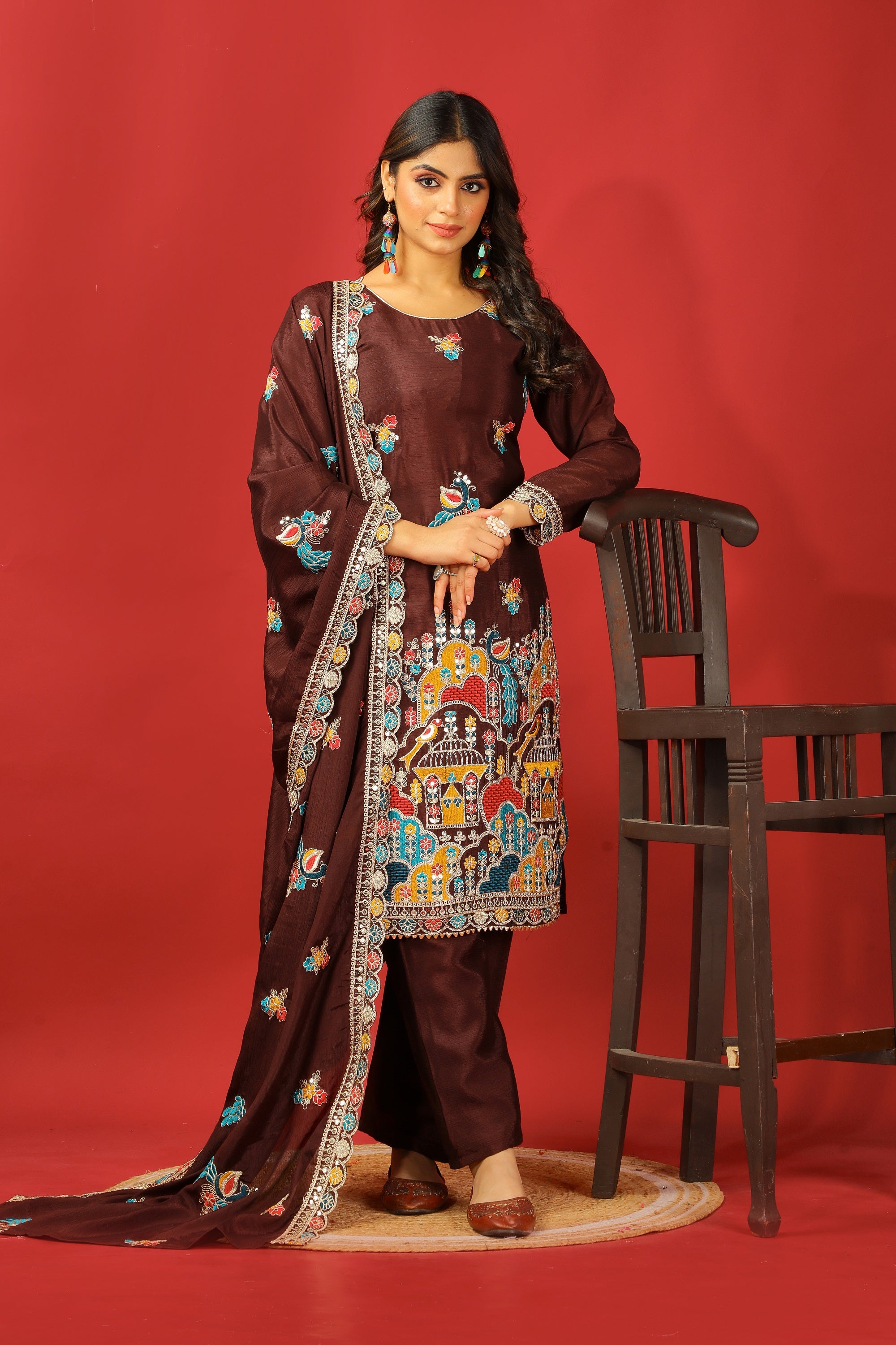 Teeya Creation Coffee Color Chinnon Silk Heavy Embroidery Work Fully Stitched Salwar Suit - Distacart