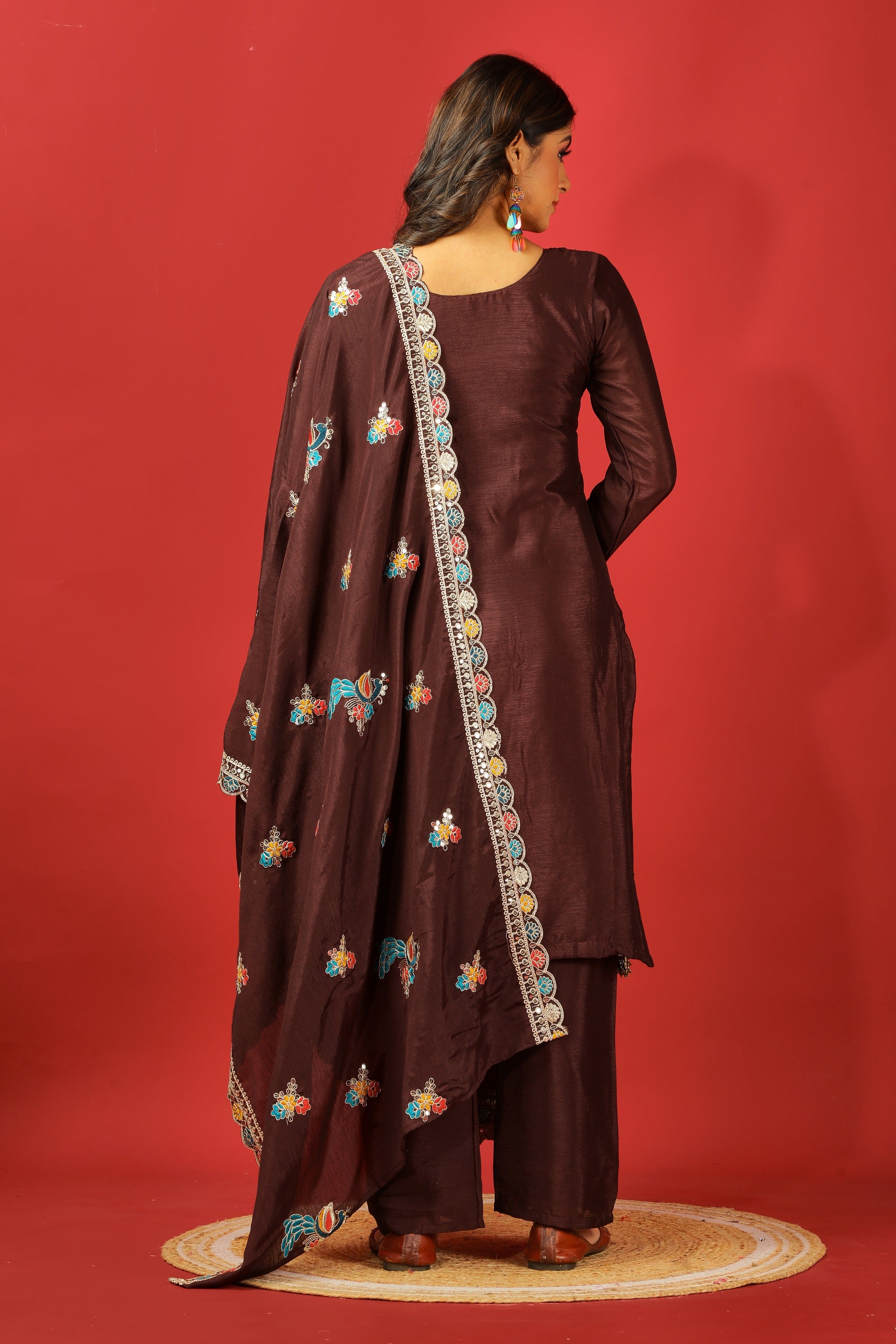 Teeya Creation Coffee Color Chinnon Silk Heavy Embroidery Work Fully Stitched Salwar Suit - Distacart