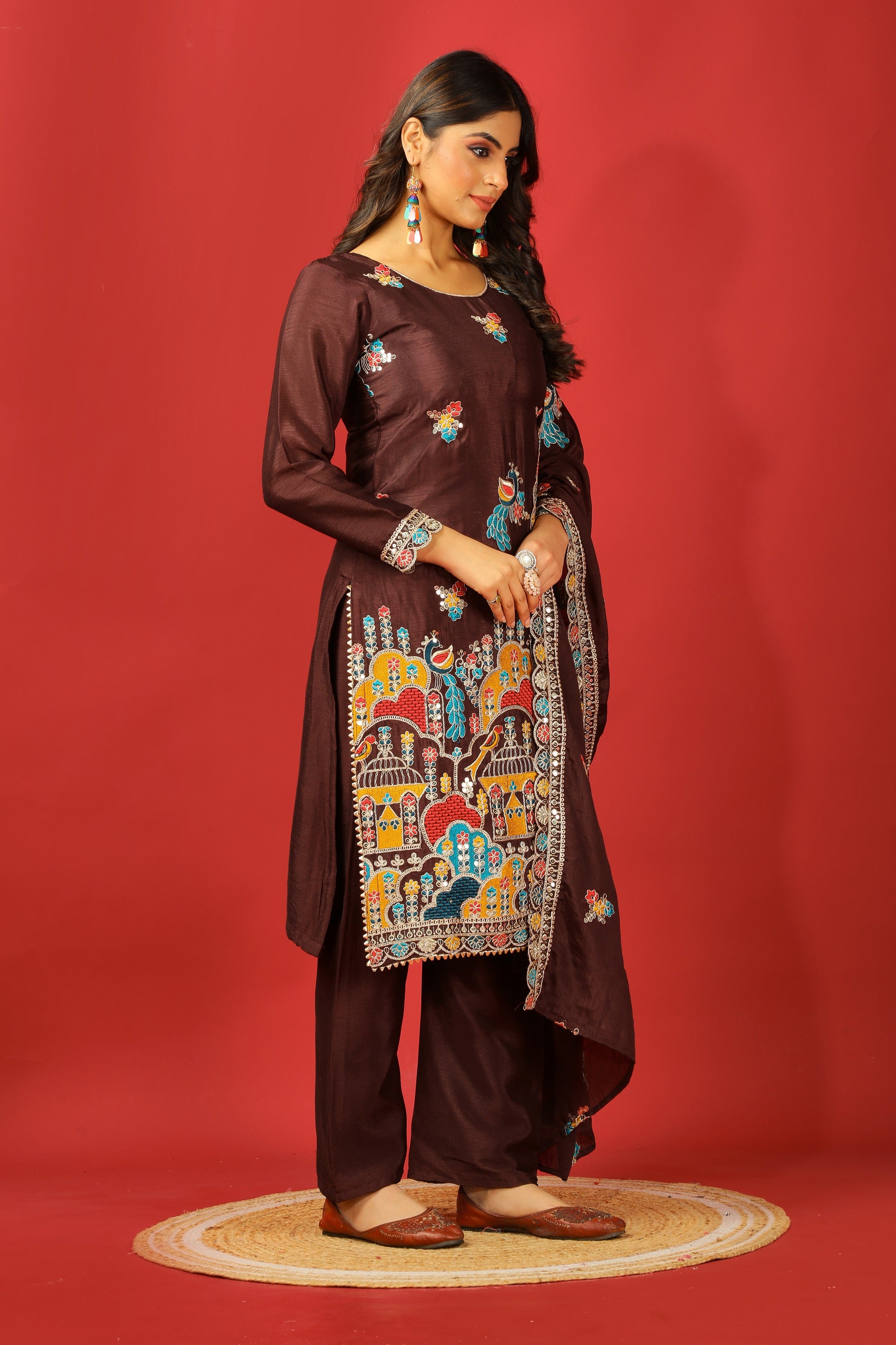 Teeya Creation Coffee Color Chinnon Silk Heavy Embroidery Work Fully Stitched Salwar Suit - Distacart