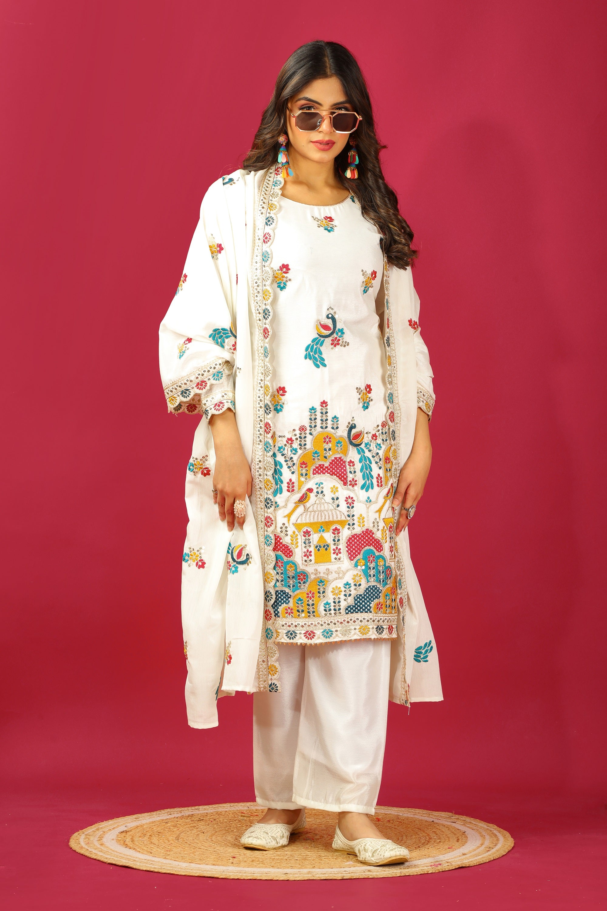 Teeya Creation White Color Chinnon Silk Heavy Embroidery Work Fully Stitched Salwar Suit - Distacart