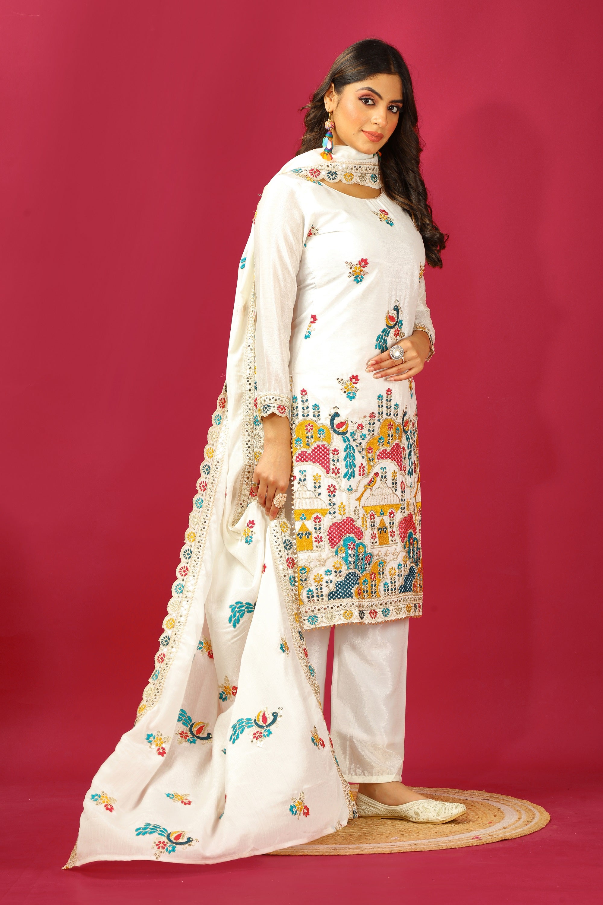 Teeya Creation White Color Chinnon Silk Heavy Embroidery Work Fully Stitched Salwar Suit - Distacart