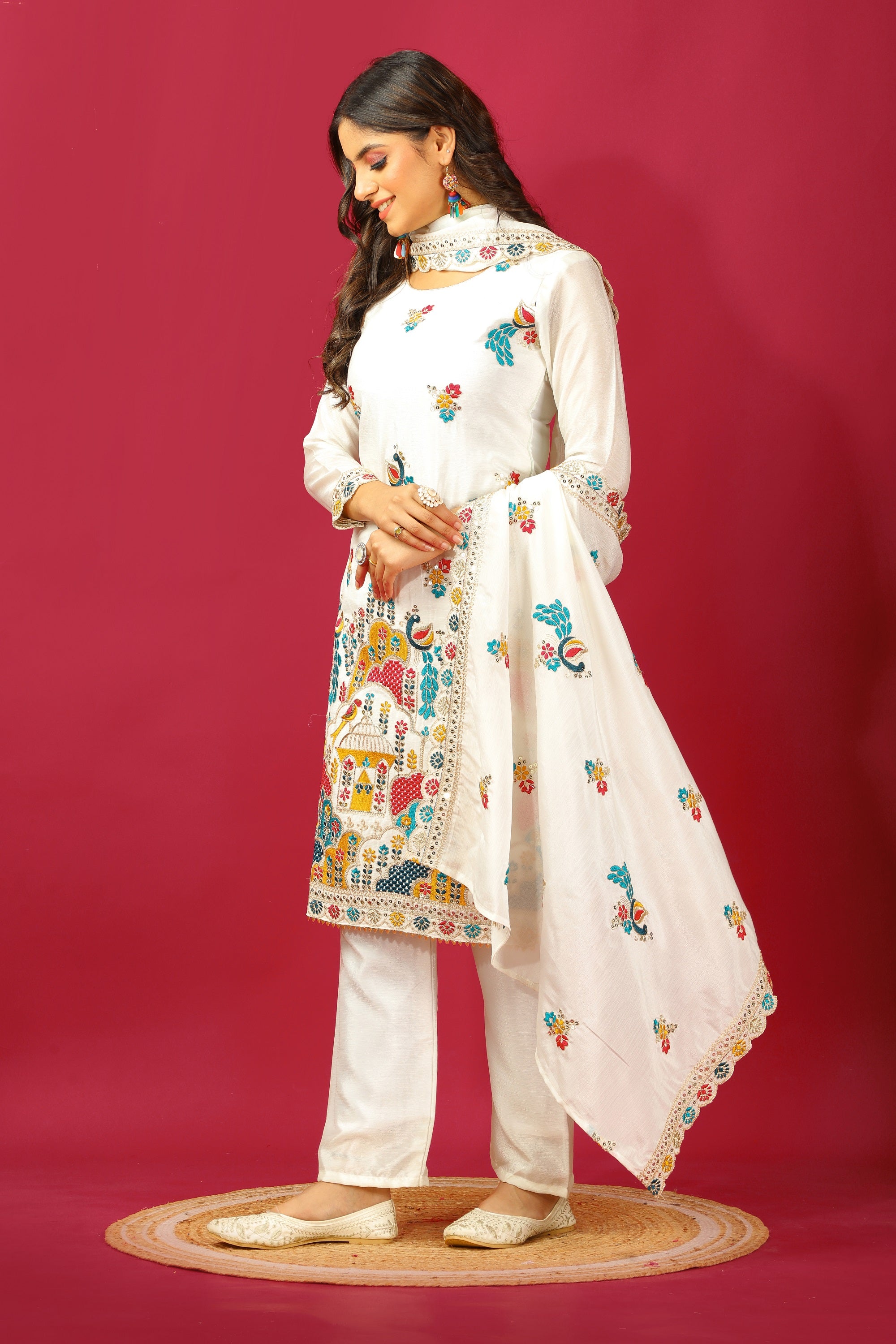 Teeya Creation White Color Chinnon Silk Heavy Embroidery Work Fully Stitched Salwar Suit - Distacart