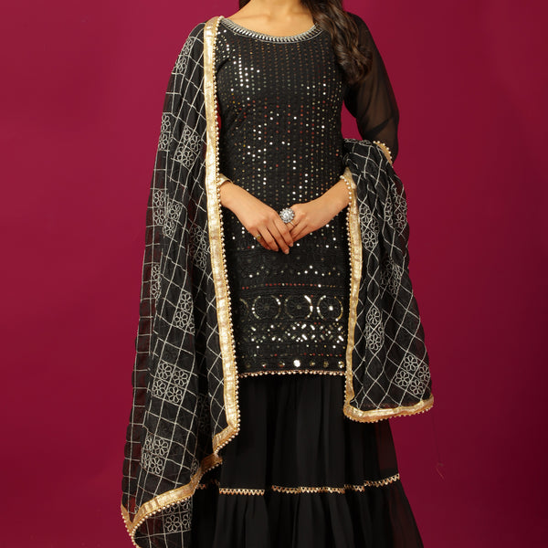 Teeya Creation Black Color Faux Georgette Heavy Embroidery Work Fully Stitched Sharara Suit - Distacart