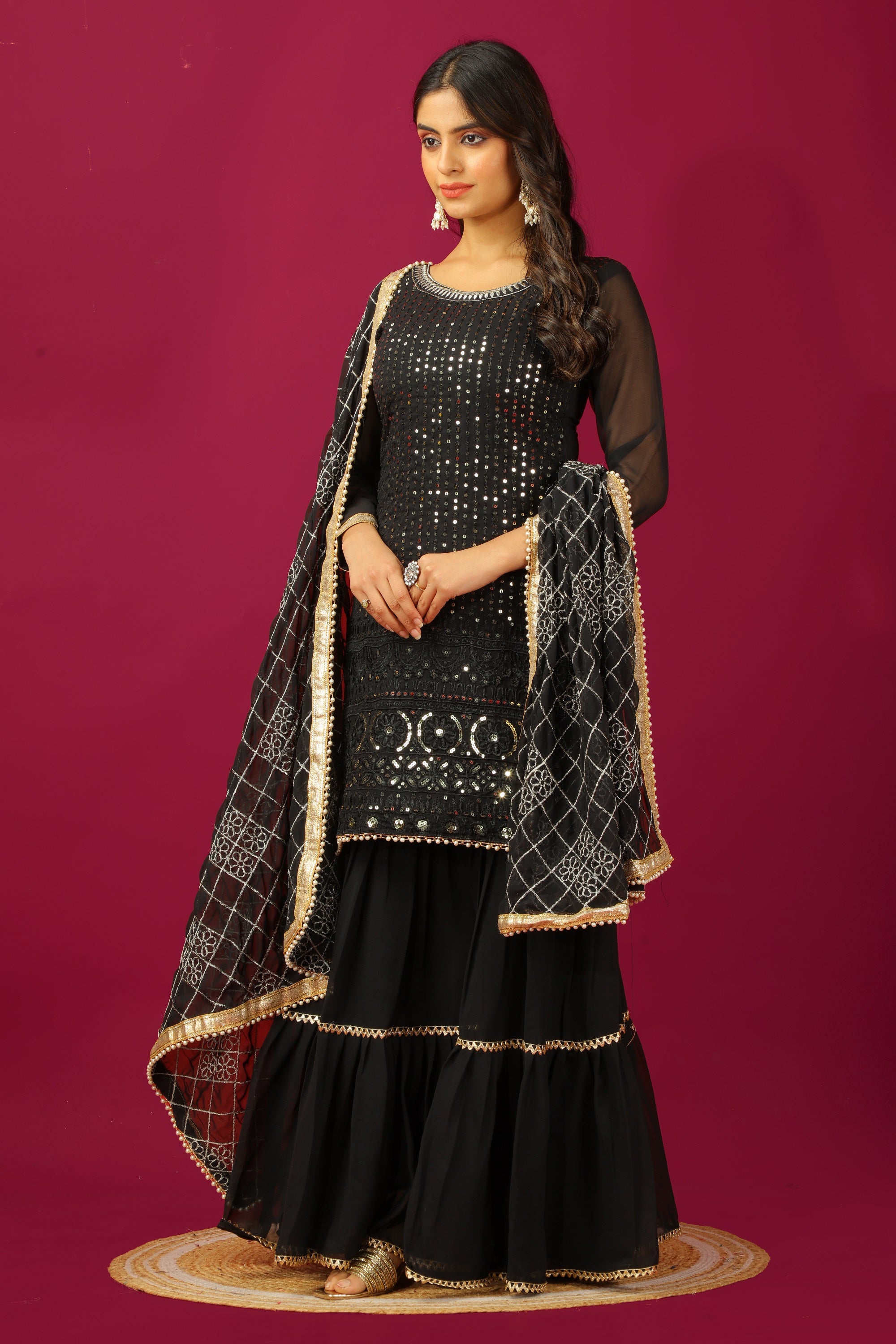 Teeya Creation Black Color Faux Georgette Heavy Embroidery Work Fully Stitched Sharara Suit - Distacart