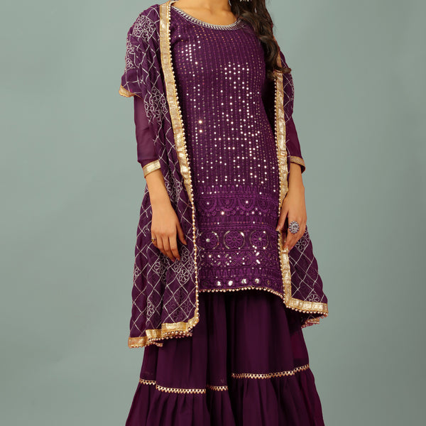 Teeya Creation Wine Color Faux Georgette Heavy Embroidery Work Fully Stitched Sharara Suit - Distacart