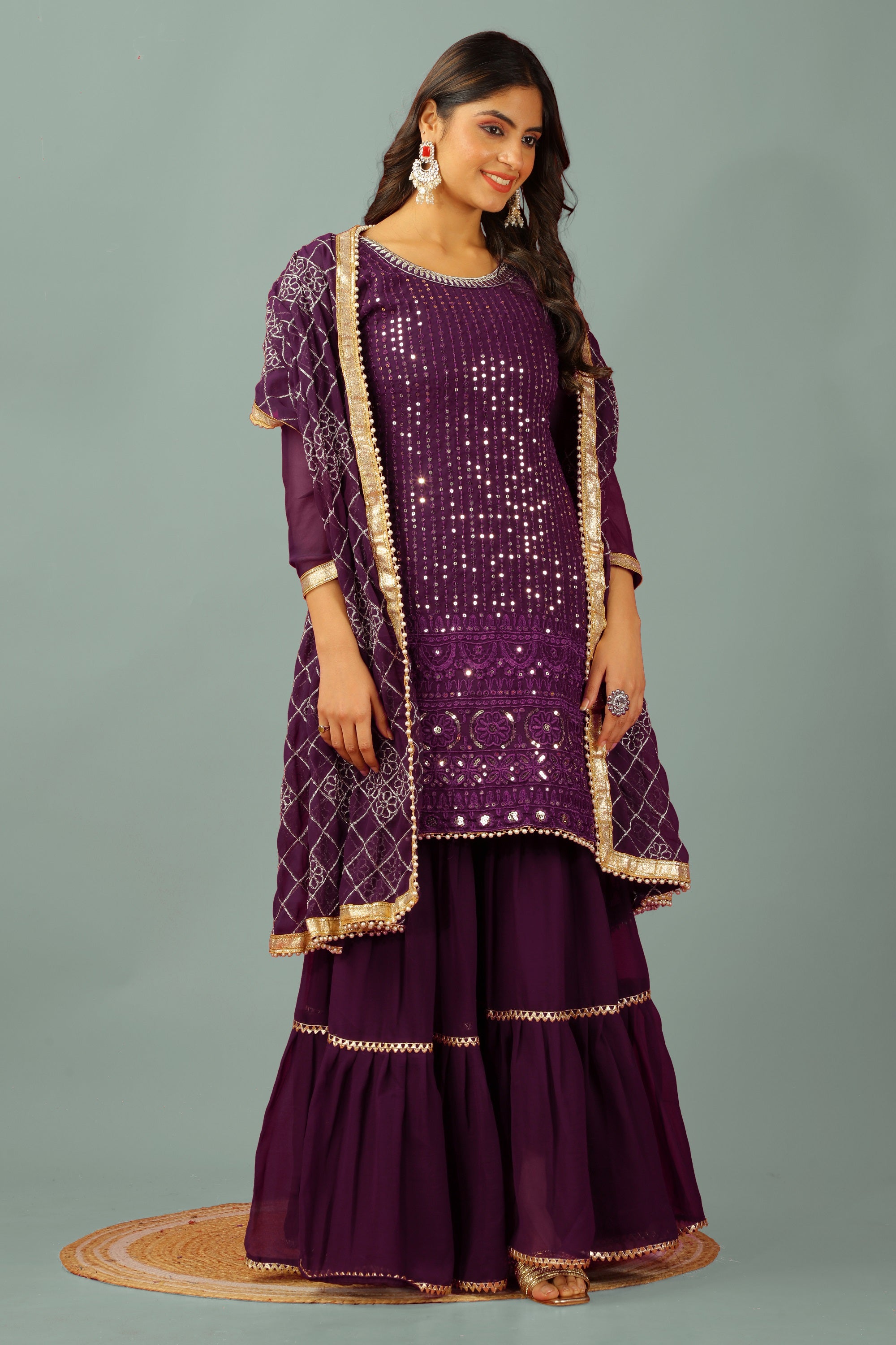Teeya Creation Wine Color Faux Georgette Heavy Embroidery Work Fully Stitched Sharara Suit - Distacart