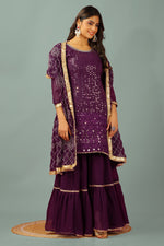 Thumbnail for Teeya Creation Wine Color Faux Georgette Heavy Embroidery Work Fully Stitched Sharara Suit - Distacart