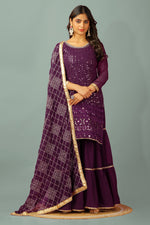 Thumbnail for Teeya Creation Wine Color Faux Georgette Heavy Embroidery Work Fully Stitched Sharara Suit - Distacart