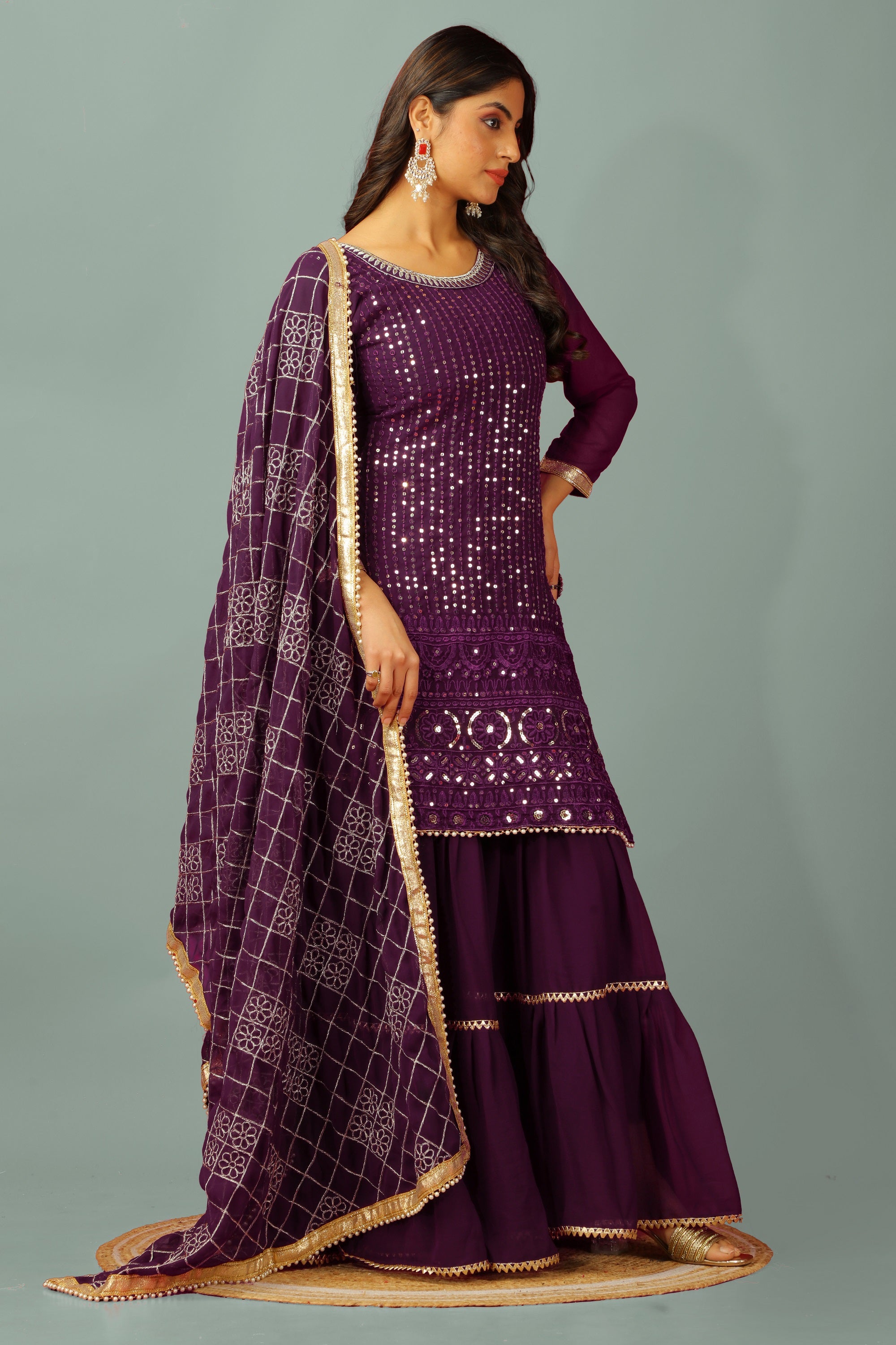 Teeya Creation Wine Color Faux Georgette Heavy Embroidery Work Fully Stitched Sharara Suit - Distacart