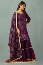 Thumbnail for Teeya Creation Wine Color Faux Georgette Heavy Embroidery Work Fully Stitched Sharara Suit - Distacart