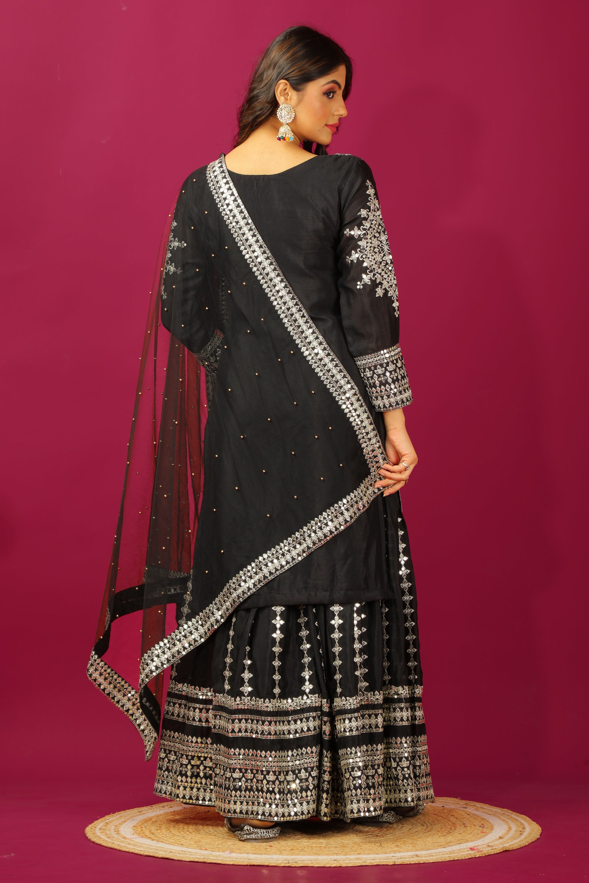 Teeya Creation Black Color Chinnon Silk Heavy Embroidery Work Fully Stitched Sharara Suit - Distacart