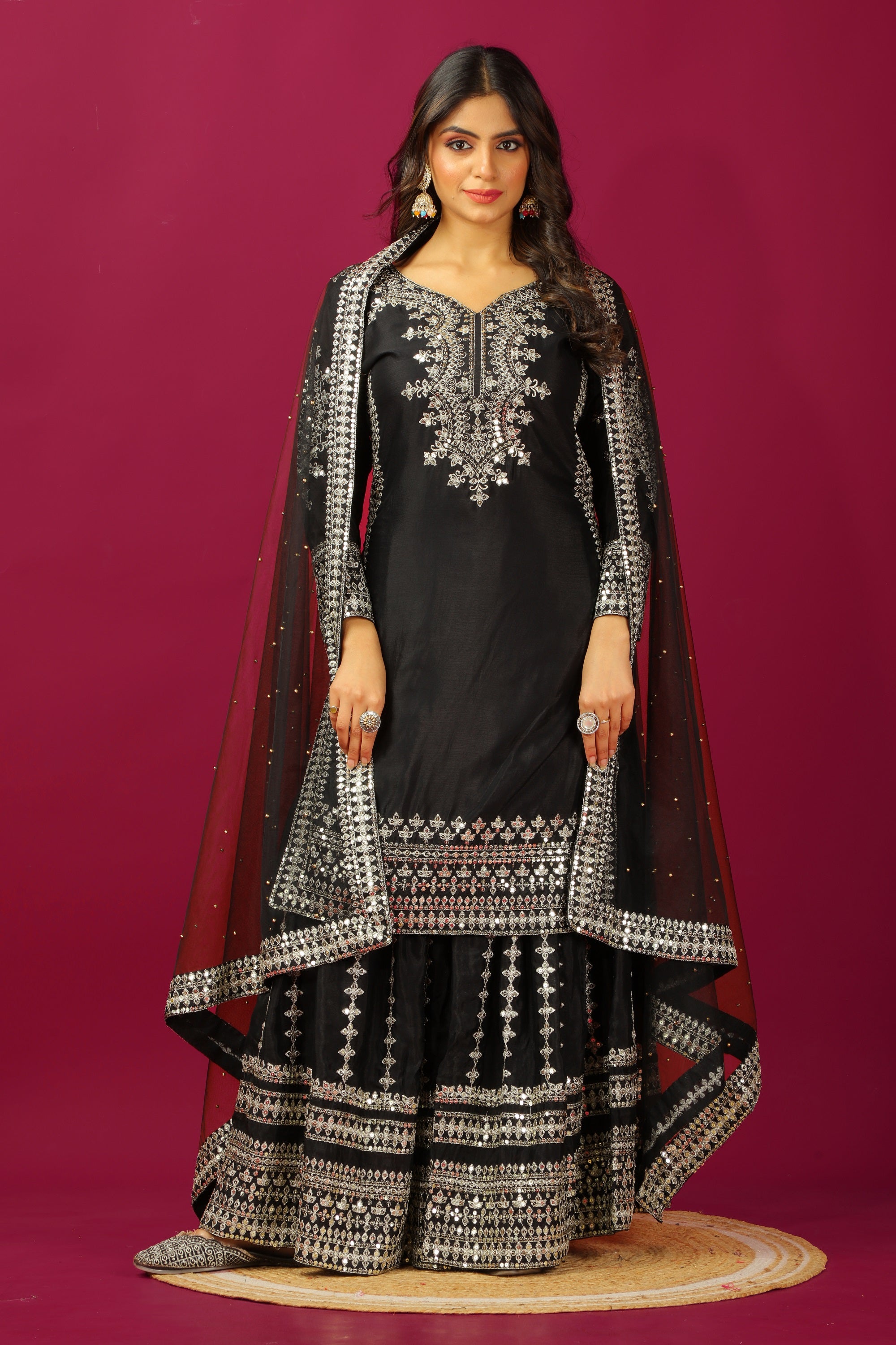 Teeya Creation Black Color Chinnon Silk Heavy Embroidery Work Fully Stitched Sharara Suit - Distacart