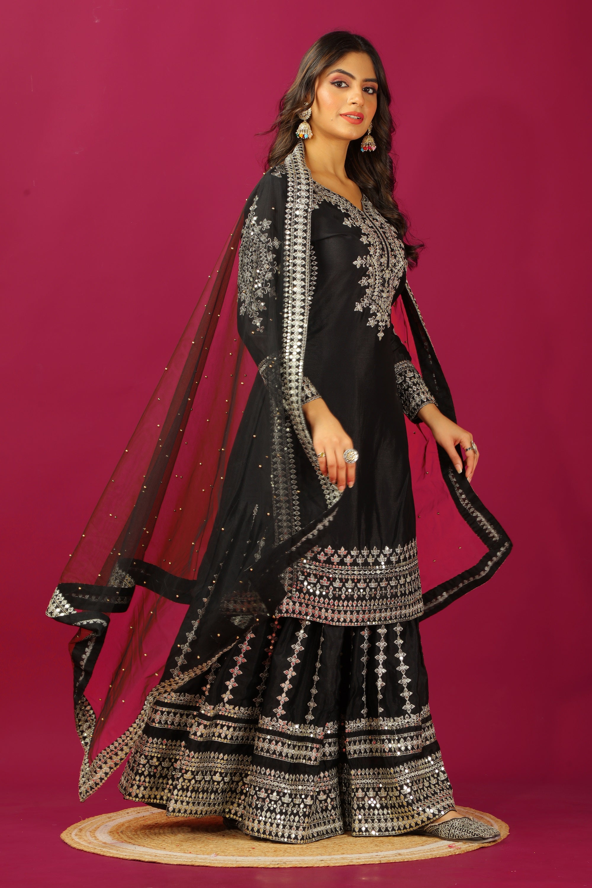Teeya Creation Black Color Chinnon Silk Heavy Embroidery Work Fully Stitched Sharara Suit - Distacart