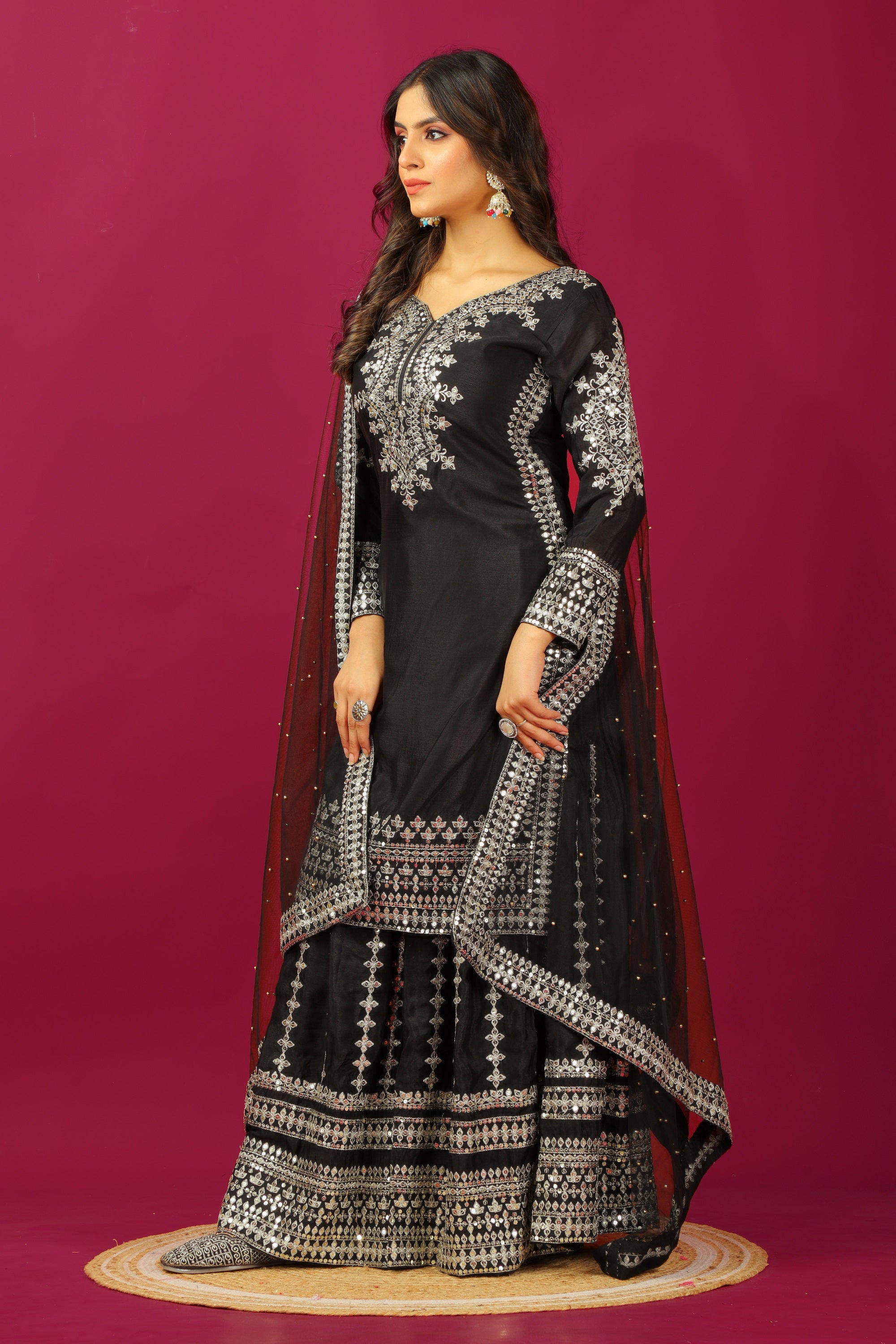 Teeya Creation Black Color Chinnon Silk Heavy Embroidery Work Fully Stitched Sharara Suit - Distacart