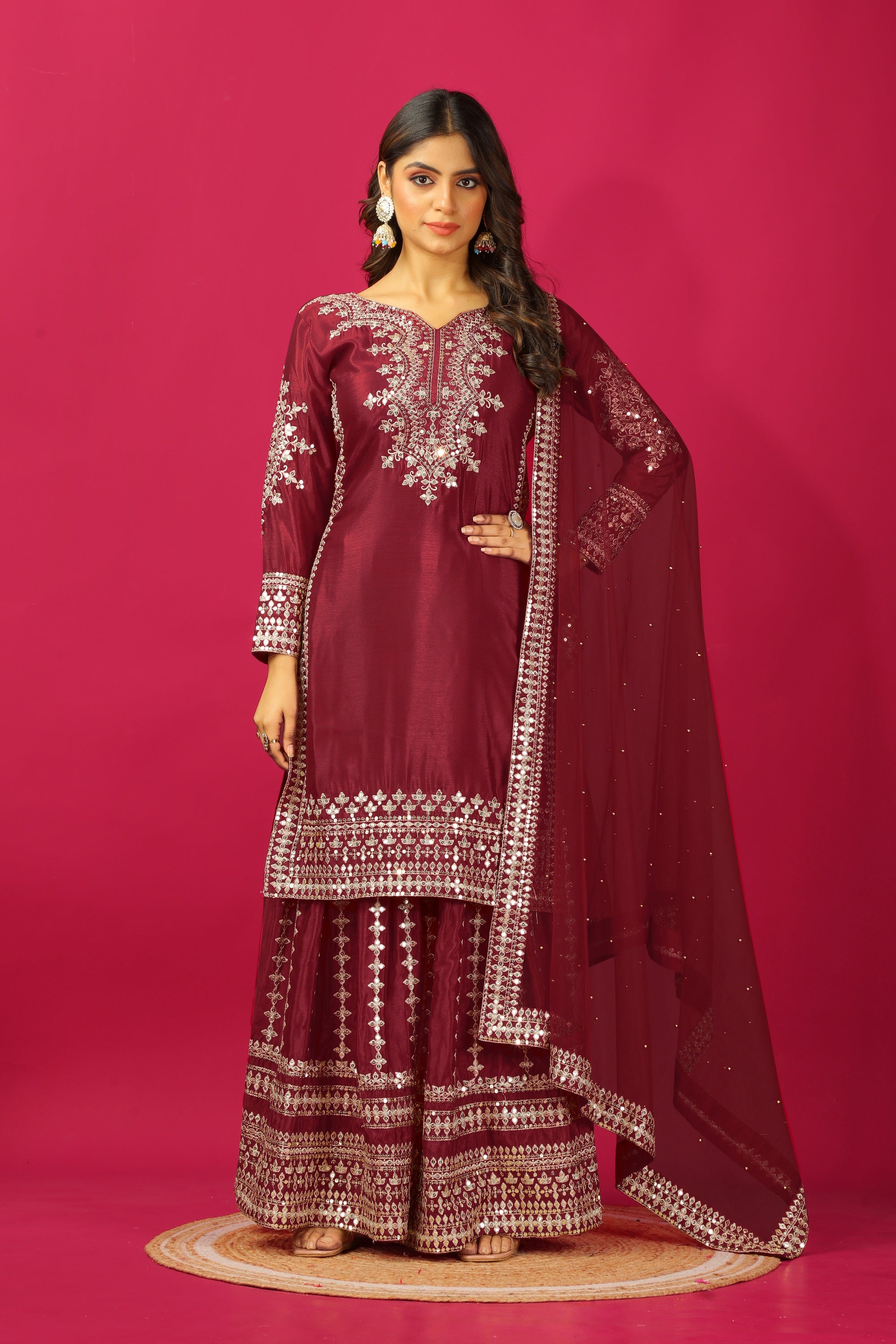 Teeya Creation Maroon Color Chinnon Silk Heavy Embroidery Work Fully Stitched Sharara Suit - Distacart