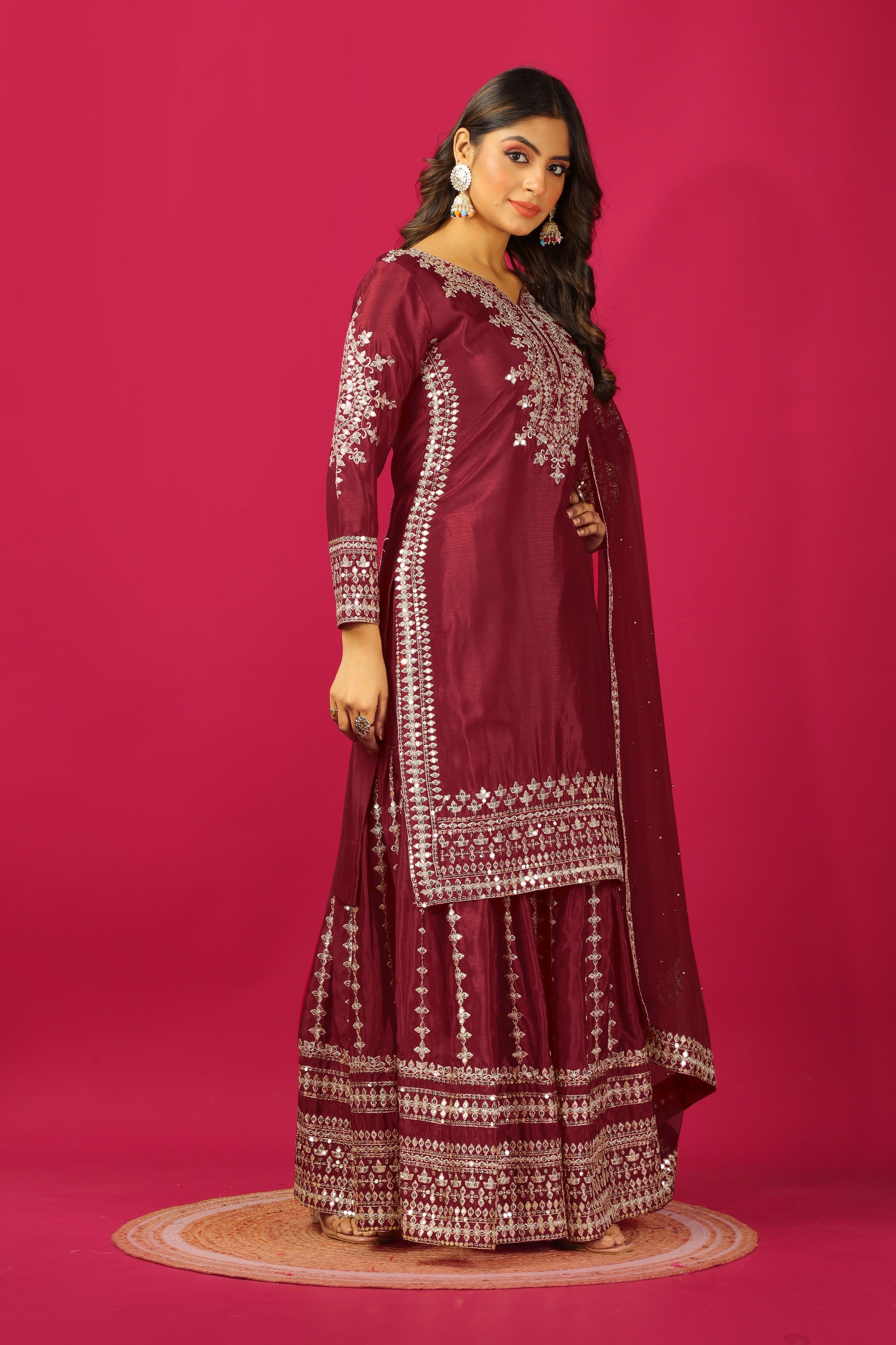 Teeya Creation Maroon Color Chinnon Silk Heavy Embroidery Work Fully Stitched Sharara Suit - Distacart