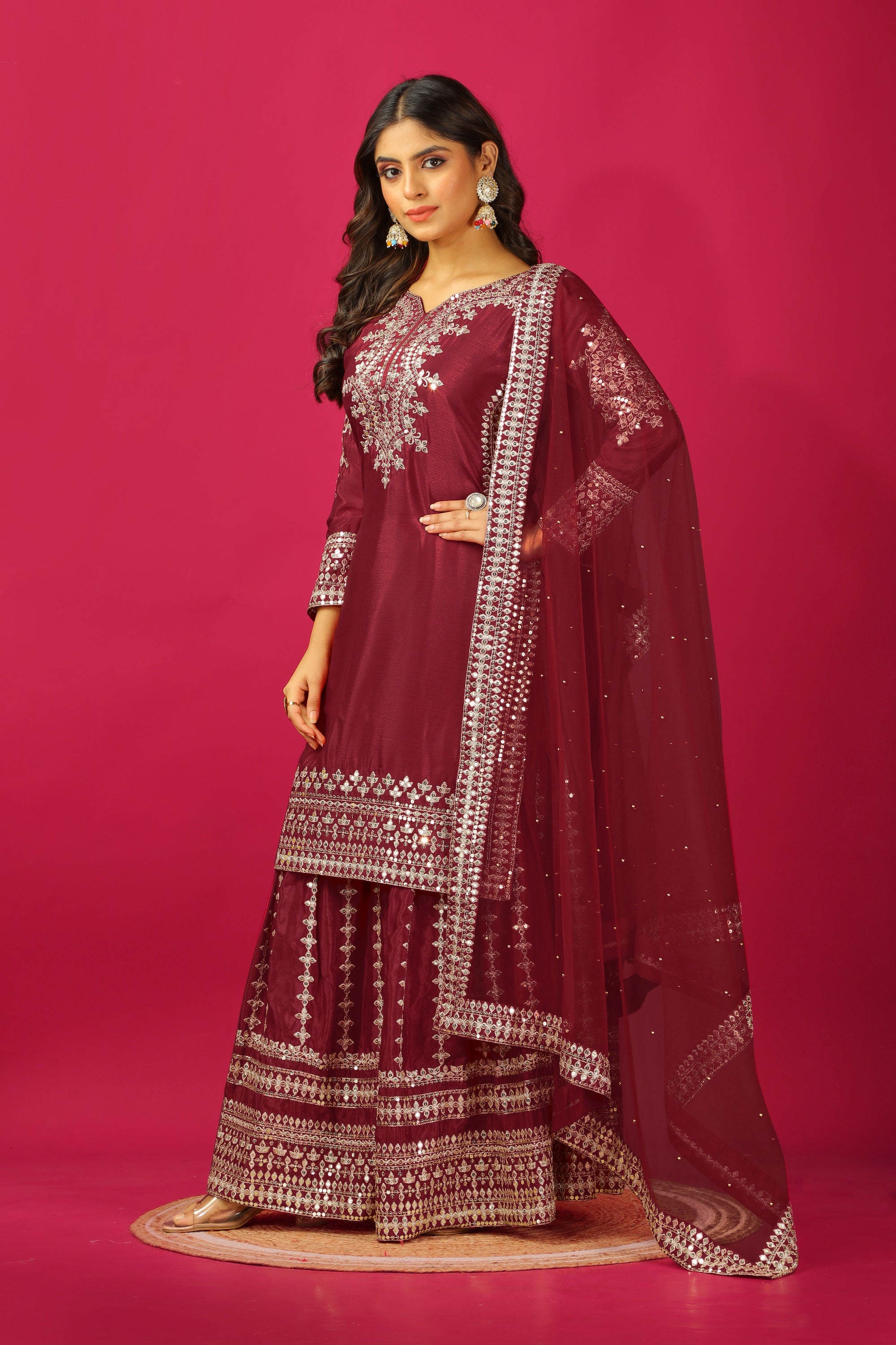 Teeya Creation Maroon Color Chinnon Silk Heavy Embroidery Work Fully Stitched Sharara Suit - Distacart