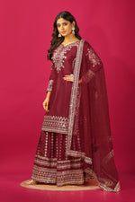 Thumbnail for Teeya Creation Maroon Color Chinnon Silk Heavy Embroidery Work Fully Stitched Sharara Suit - Distacart