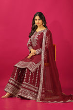Thumbnail for Teeya Creation Maroon Color Chinnon Silk Heavy Embroidery Work Fully Stitched Sharara Suit - Distacart