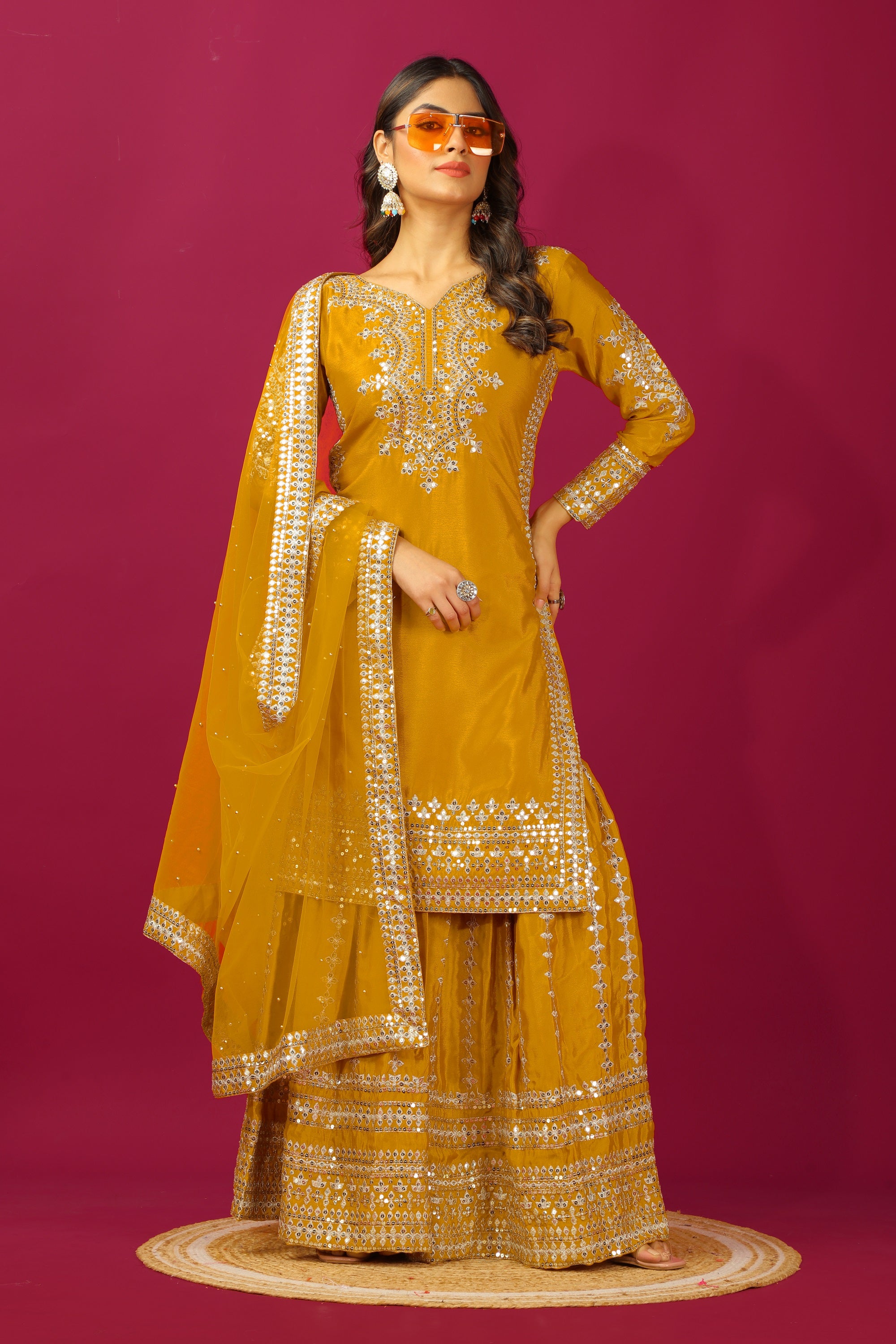 Teeya Creation Mustard Color Chinnon Silk Heavy Embroidery Work Fully Stitched Sharara Suit - Distacart