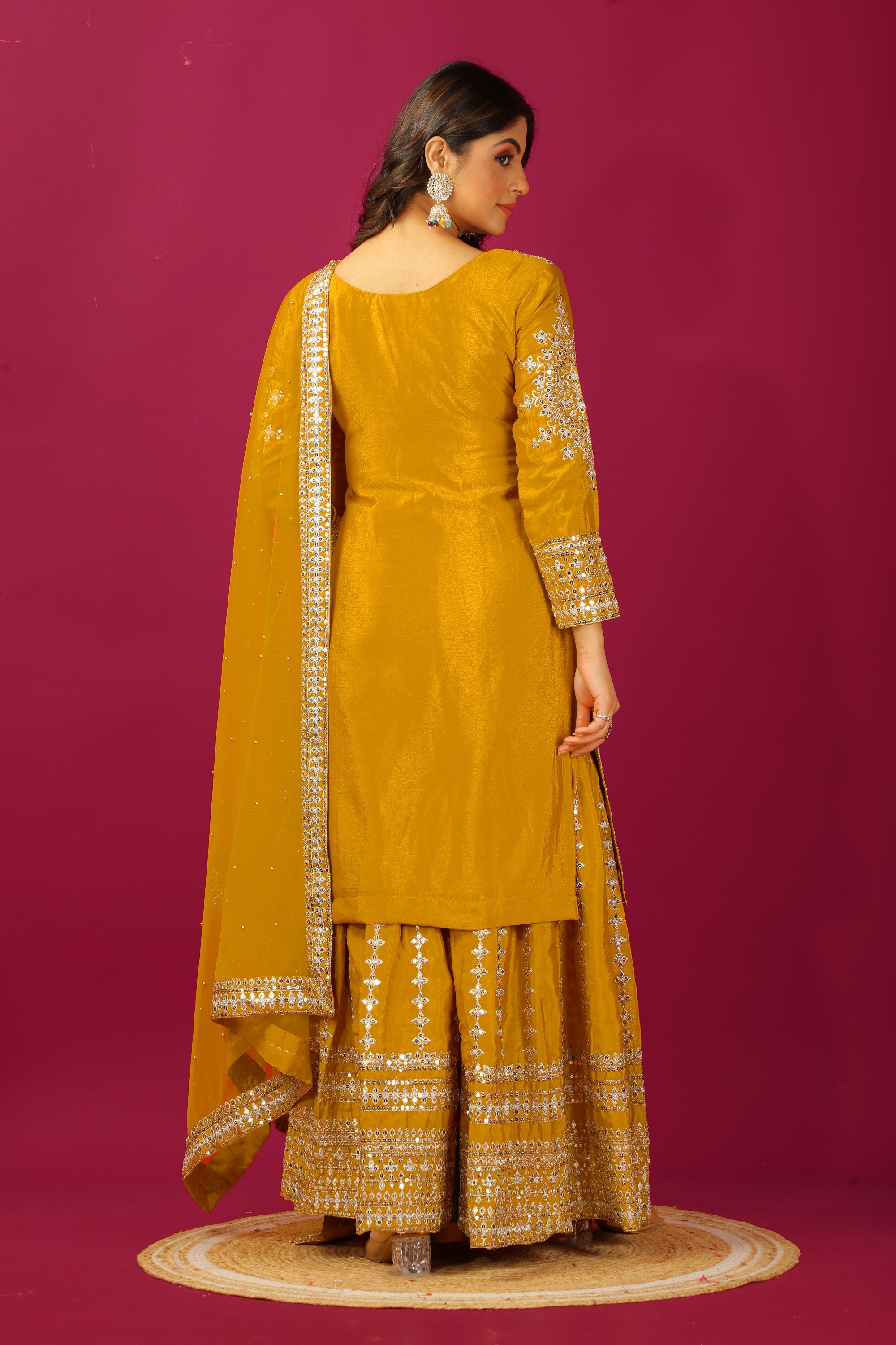 Teeya Creation Mustard Color Chinnon Silk Heavy Embroidery Work Fully Stitched Sharara Suit - Distacart