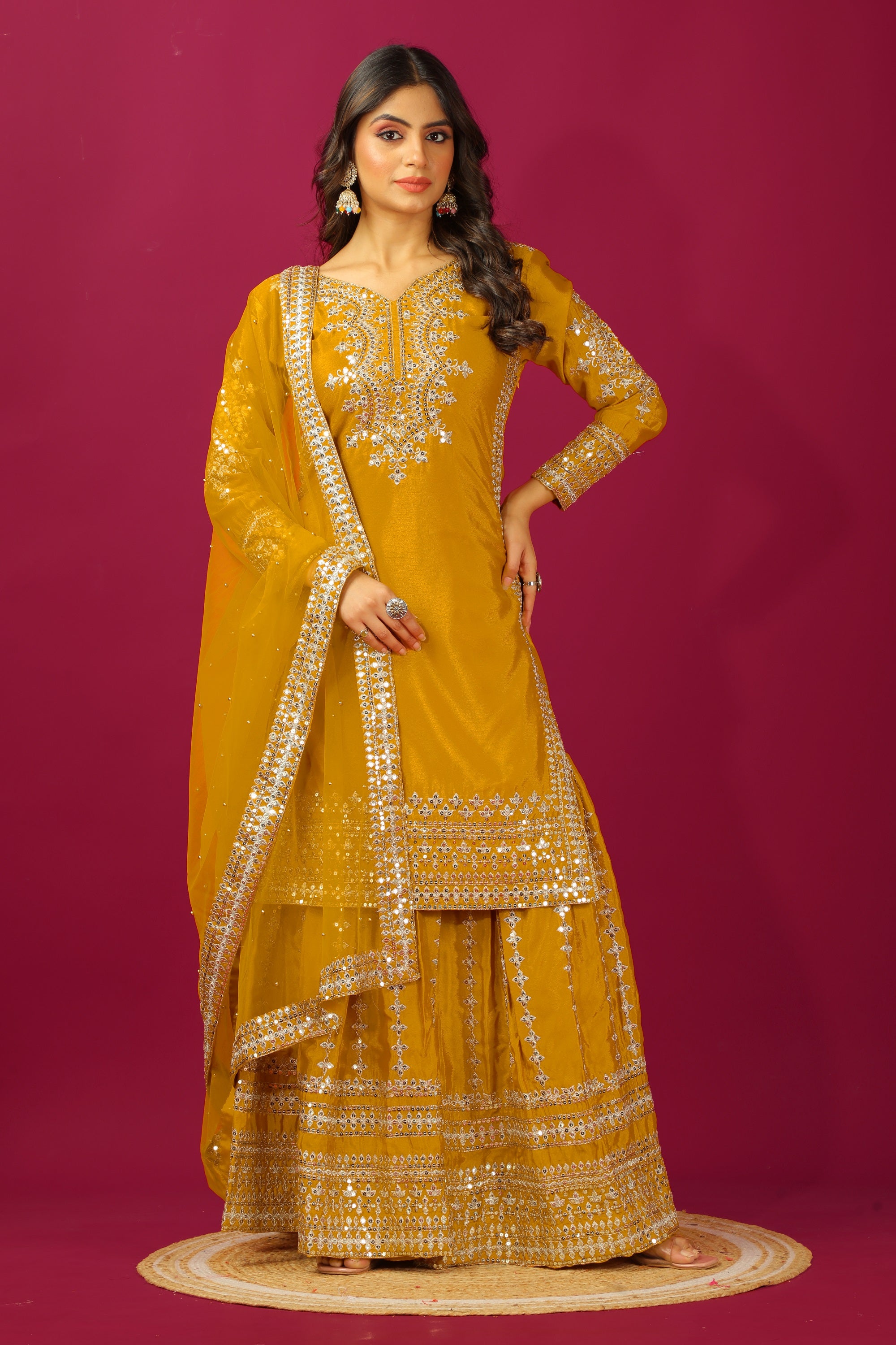 Teeya Creation Mustard Color Chinnon Silk Heavy Embroidery Work Fully Stitched Sharara Suit - Distacart
