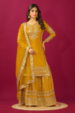 Thumbnail for Teeya Creation Mustard Color Chinnon Silk Heavy Embroidery Work Fully Stitched Sharara Suit - Distacart