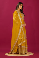 Thumbnail for Teeya Creation Mustard Color Chinnon Silk Heavy Embroidery Work Fully Stitched Sharara Suit - Distacart