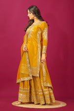 Thumbnail for Teeya Creation Mustard Color Chinnon Silk Heavy Embroidery Work Fully Stitched Sharara Suit - Distacart