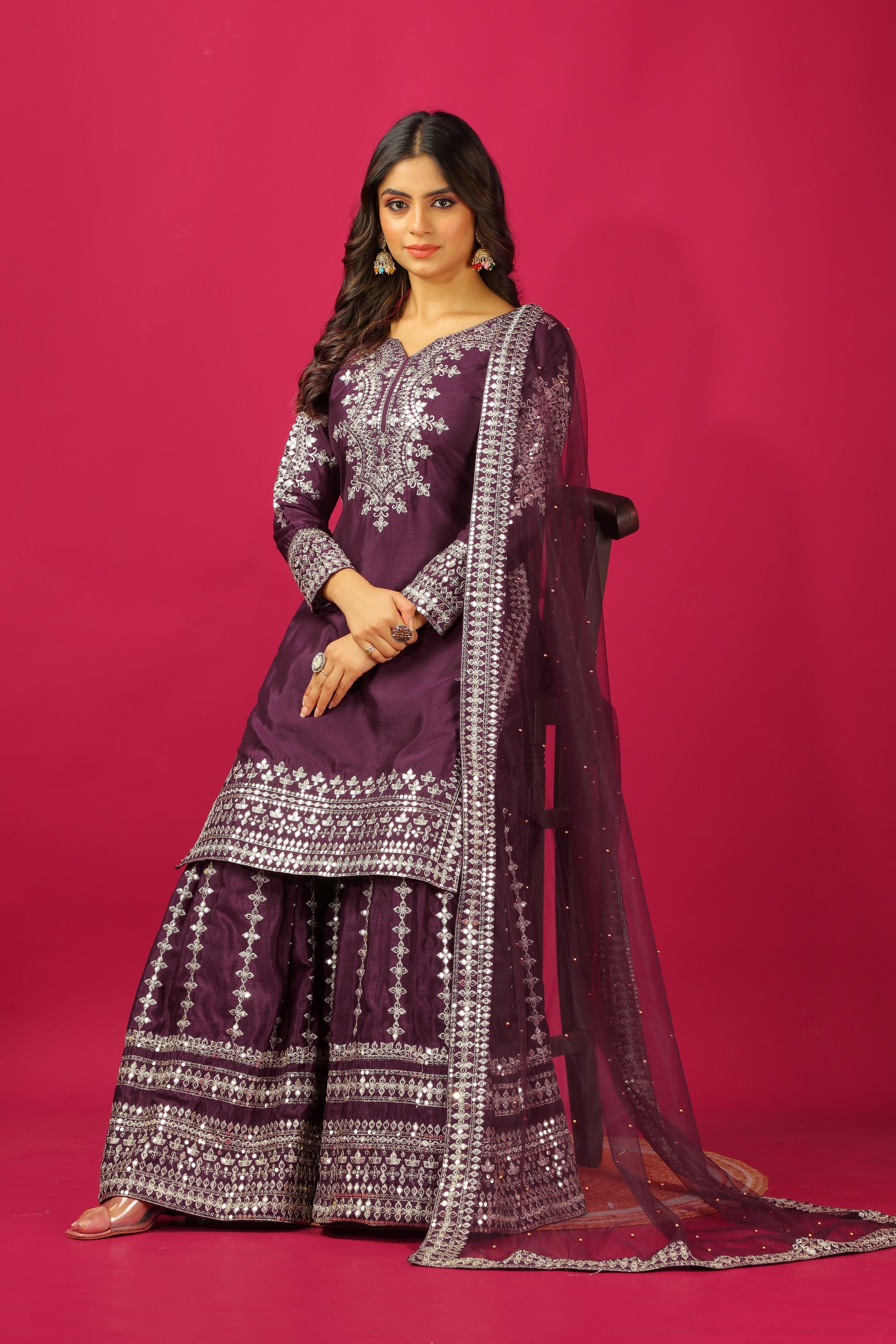 Teeya Creation Violet Color Chinnon Silk Heavy Embroidery Work Fully Stitched Sharara Suit - Distacart