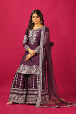 Thumbnail for Teeya Creation Violet Color Chinnon Silk Heavy Embroidery Work Fully Stitched Sharara Suit - Distacart