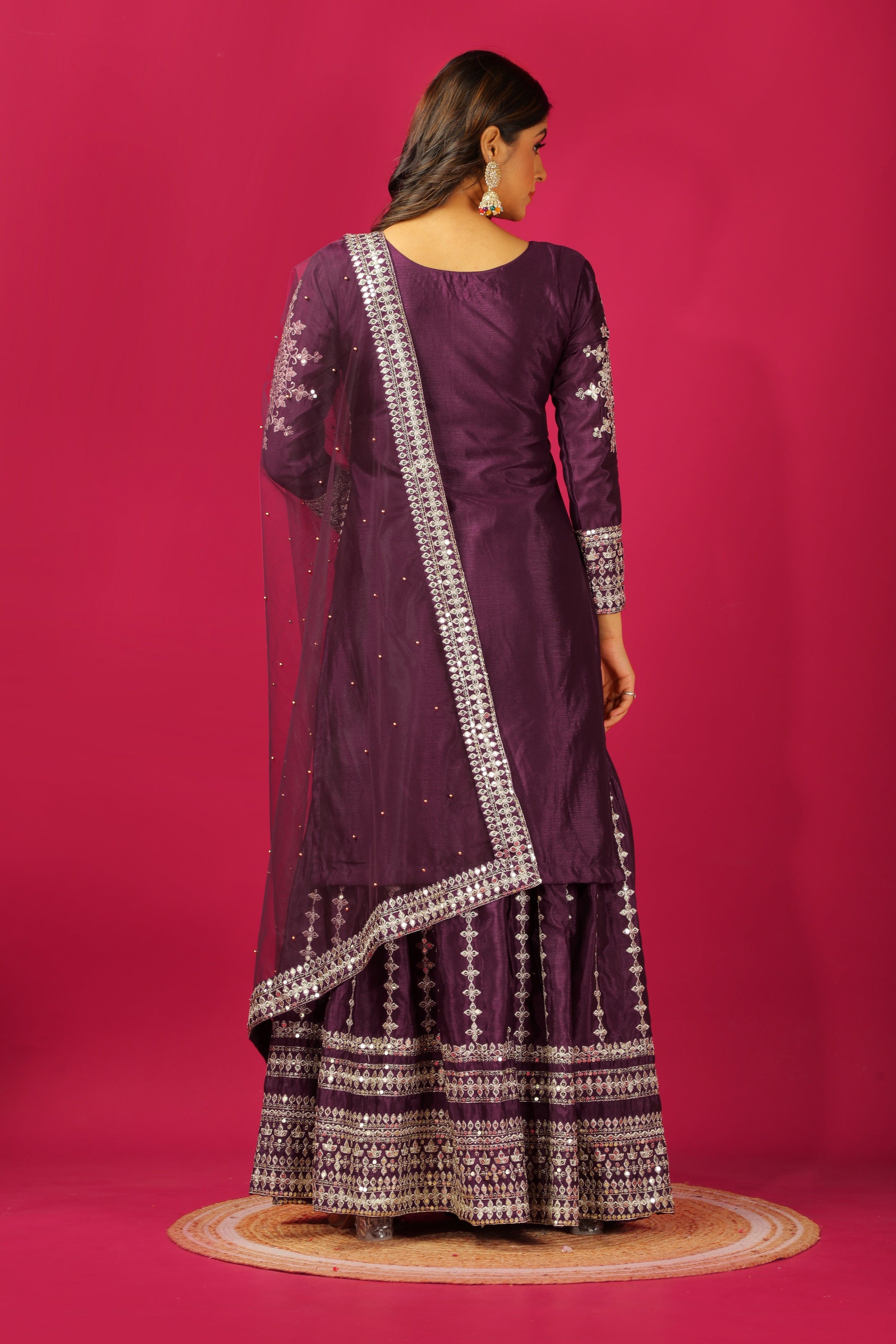 Teeya Creation Violet Color Chinnon Silk Heavy Embroidery Work Fully Stitched Sharara Suit - Distacart