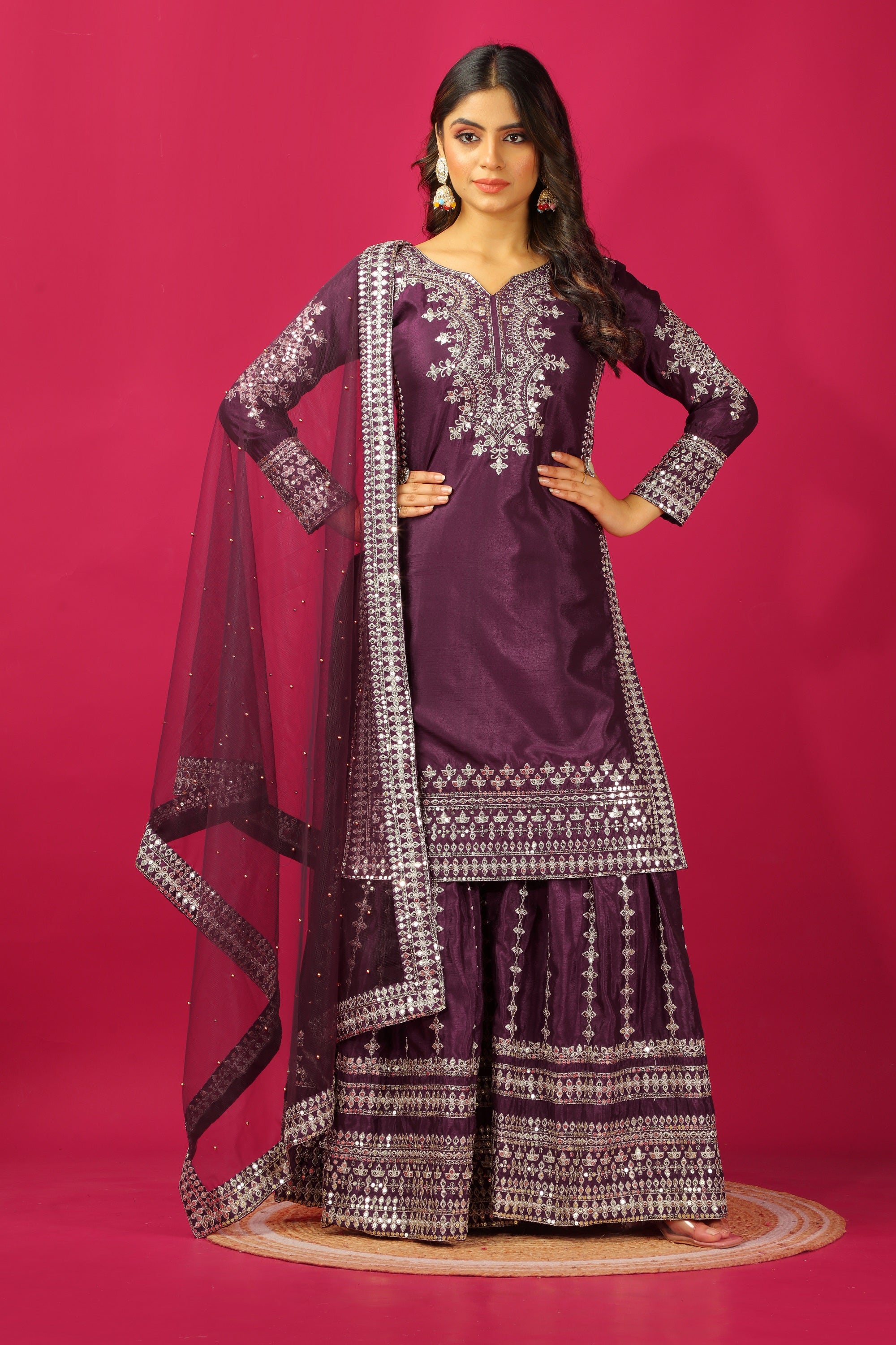 Teeya Creation Violet Color Chinnon Silk Heavy Embroidery Work Fully Stitched Sharara Suit - Distacart